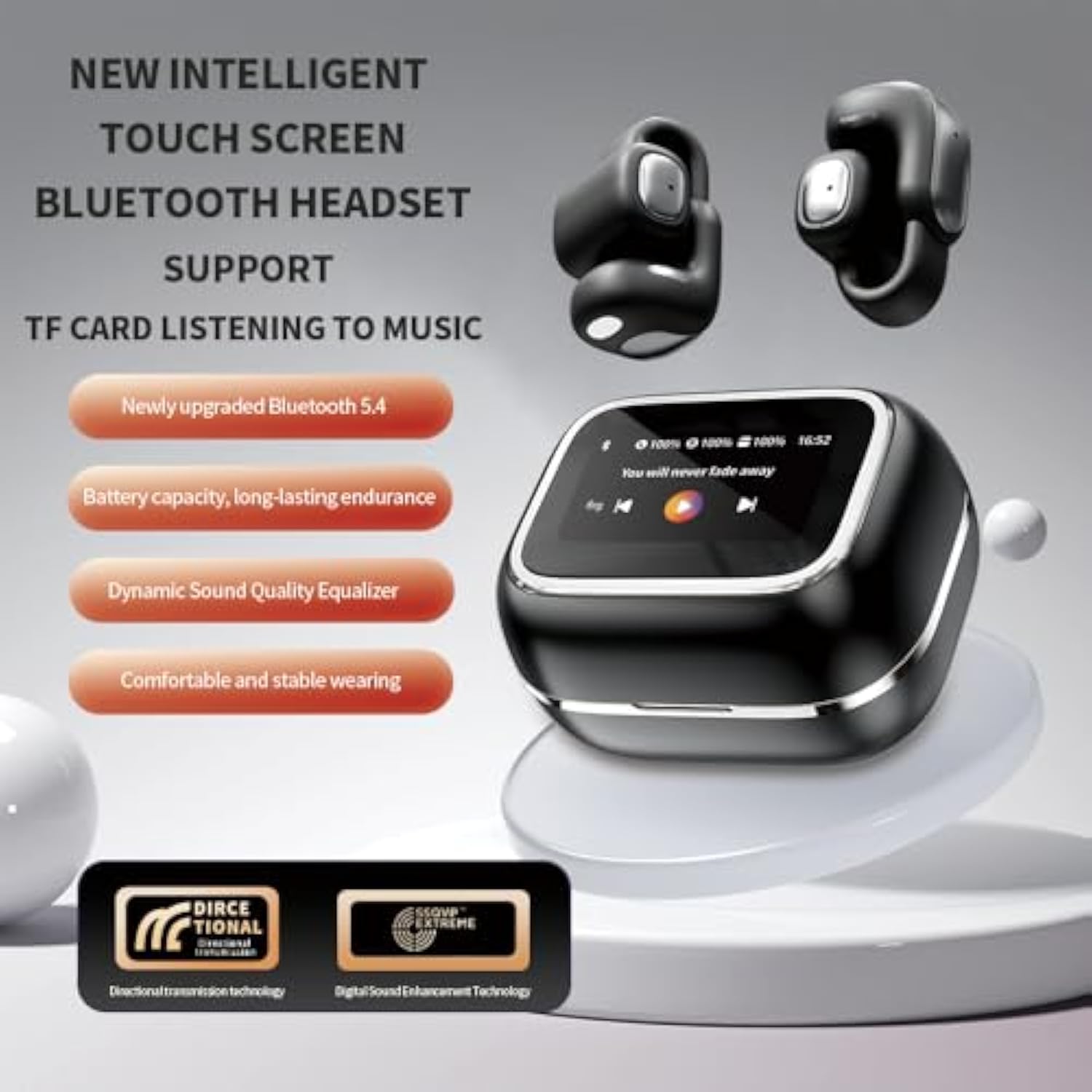 Touch Screen Ear Clips Headphones Bluetooth 5.4, Open Ear Earbuds Wlreless With 25H Playtime, Tf Card Clip On Bluetooth Earphones With Full-Color Display (Black)