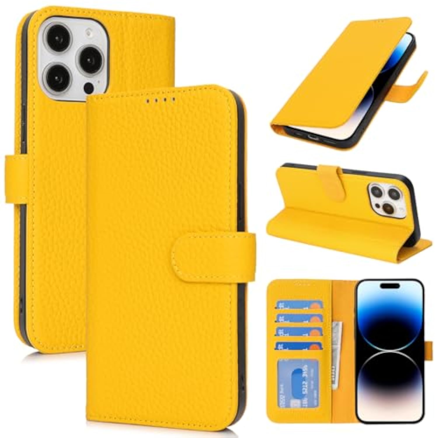 Genuine Leather Wallet Case for iPhone 14 Pro 6.1" with 4 Card Slots and RFID Blocking - Yellow