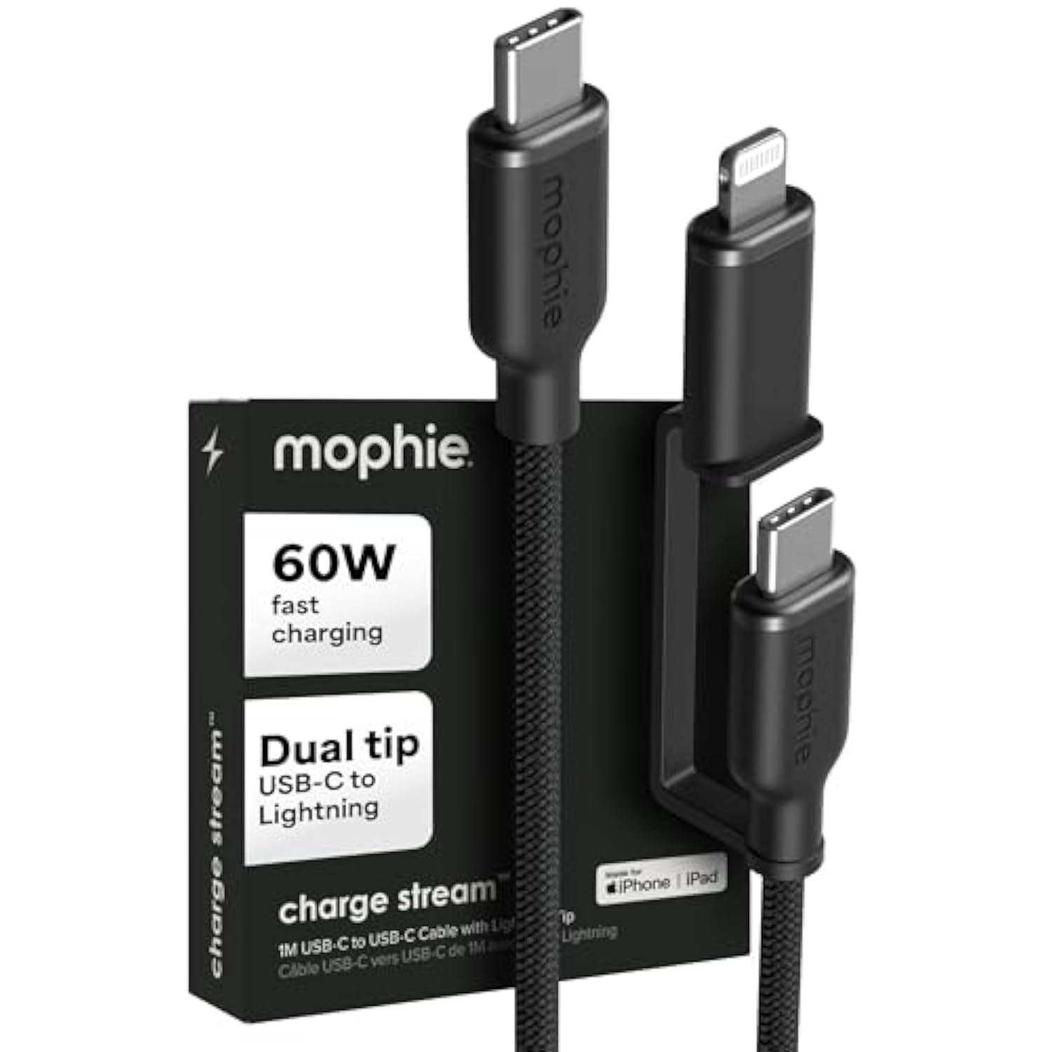 Mophie Charge Stream USB-C to USB-C 1m/3ft Cable with Lightning Adapter - 60W Fast-Charge Universal Charging Cable, MFi Certified, Dual Tip Adapter, Braided, Durable for iPhone, iPad, Android, MacBook