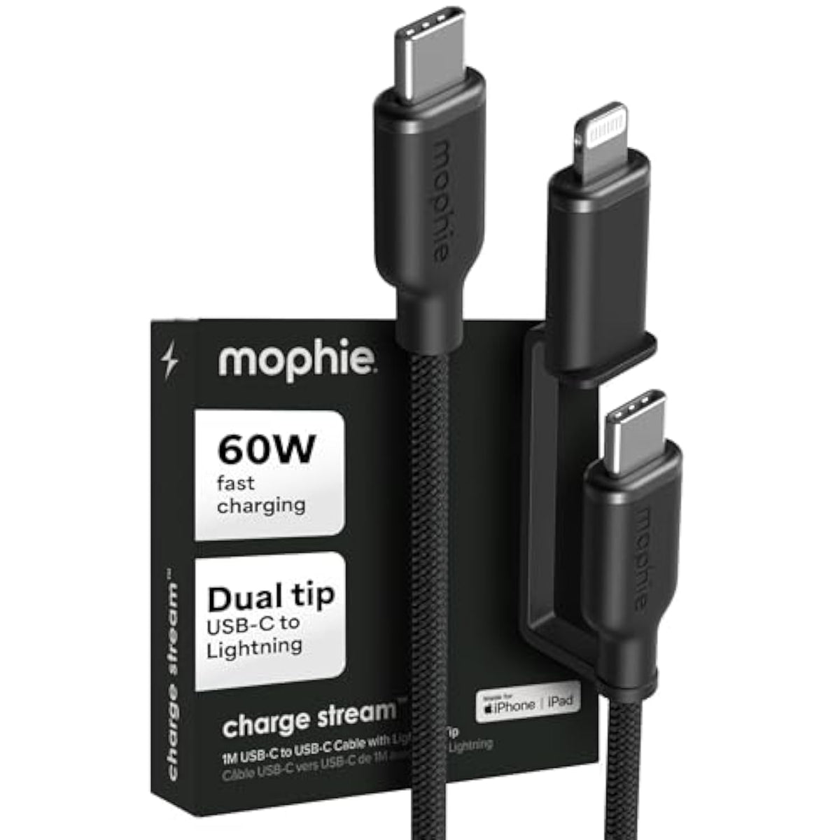 Mophie Charge Stream USB-C to USB-C 1m/3ft Cable with Lightning Adapter - 60W Fast-Charge Universal Charging Cable, MFi Certified, Dual Tip Adapter, Braided, Durable for iPhone, iPad, Android, MacBook