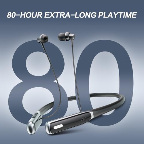 Wireless Neckband Earbuds, Bluetooth 5.4 Headphones with Built-in Microphone, Magnetic Earphones, Deep Bass, Ultra-Lightweight, 80H Playtime, Black