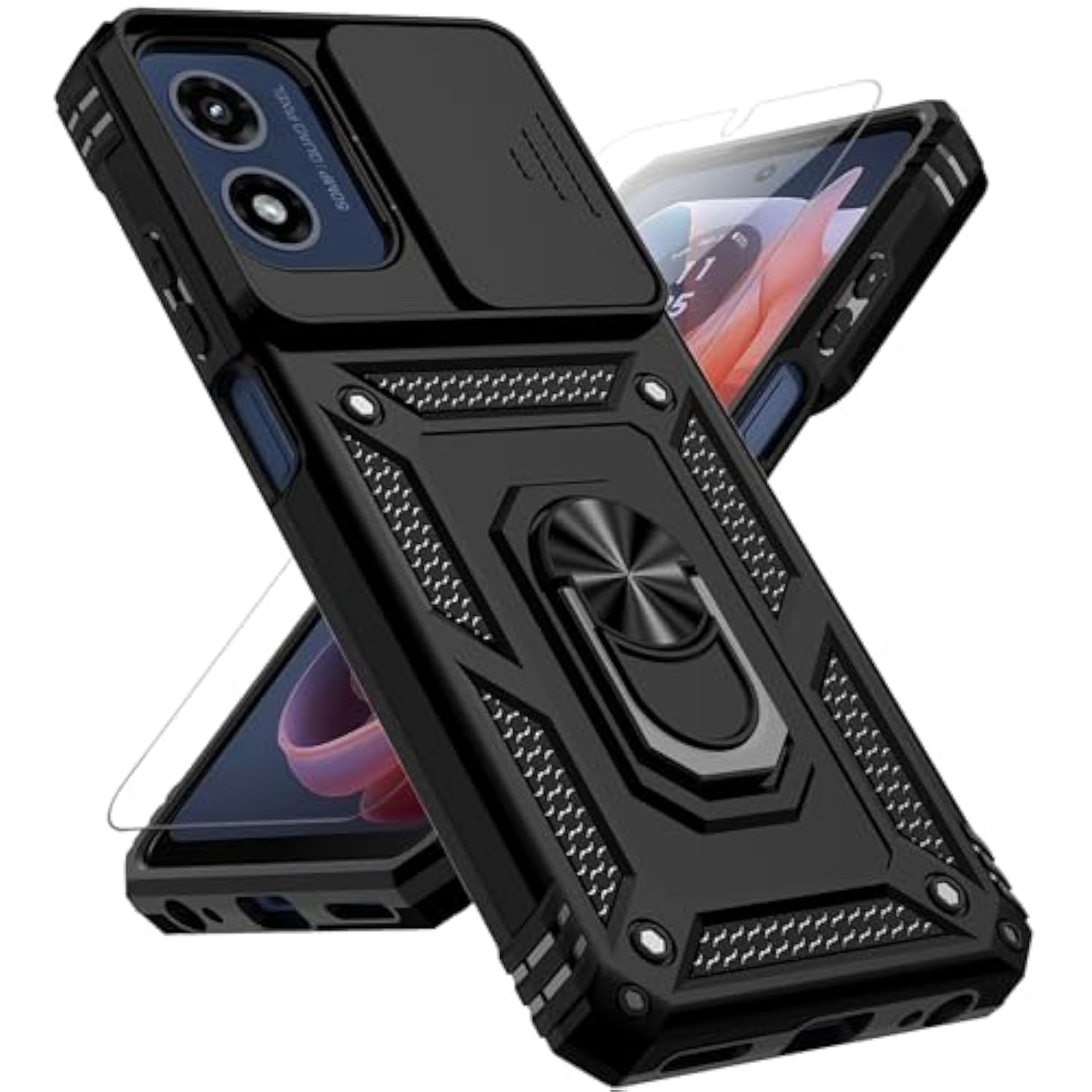 For Motorola Moto G Play 2024 Case With Slide Camera Cover Hd Screen Protector [Military Grade Drop Tested] Magnetic Ring Holder Kickstand Protective Phone Case For Moto G Play 4G 2024, Black