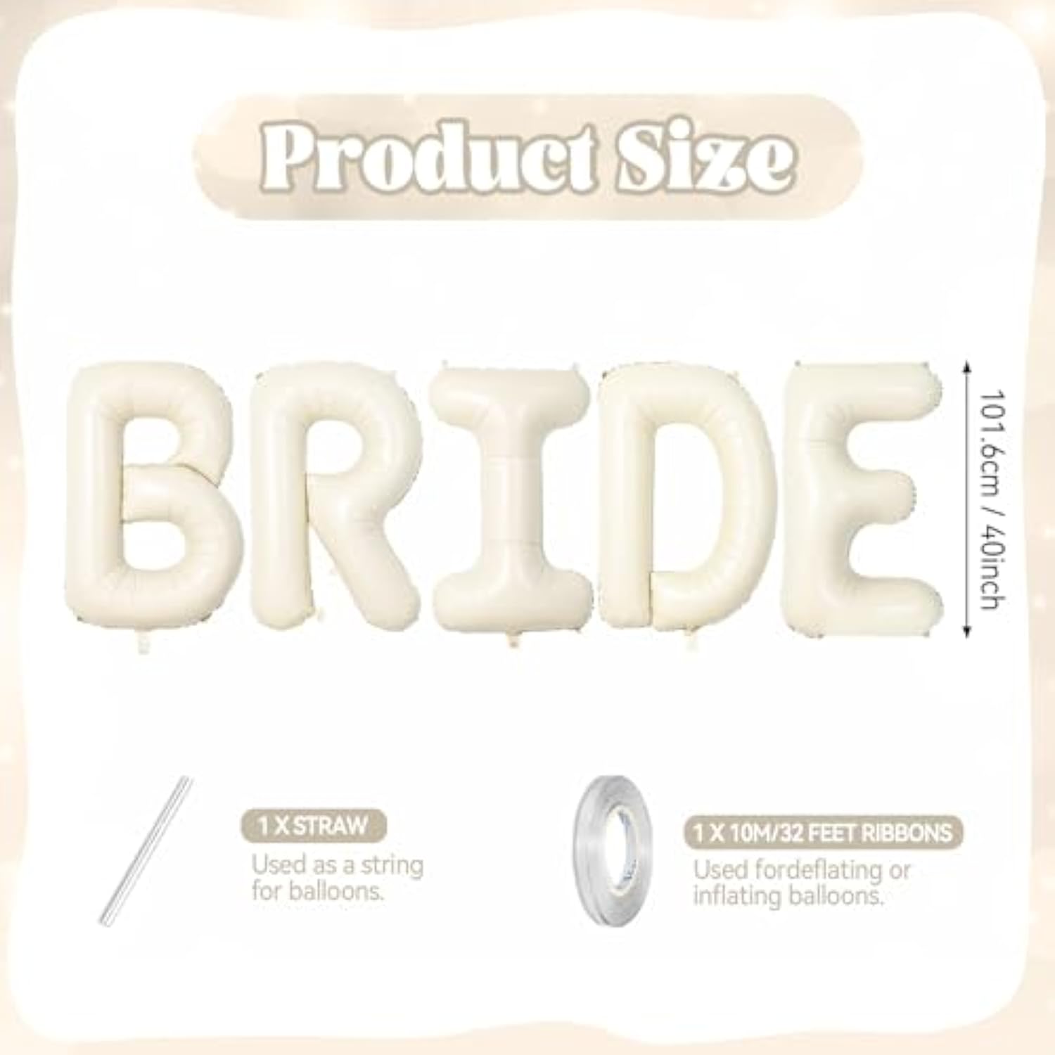 40 Inch Bride Letter Balloons, Big Cream Bride Foil Balloons, 5 Pcs Giant Foil Large Aluminum Balloon Helium For Wedding Bridal Shower Anniversary Engagement Bachelorette Party Decoration