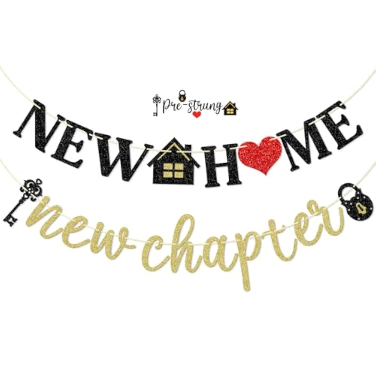 New Home New Chapter Banner — Pre-Strung Black & Gold Glitter Housewarming Decor