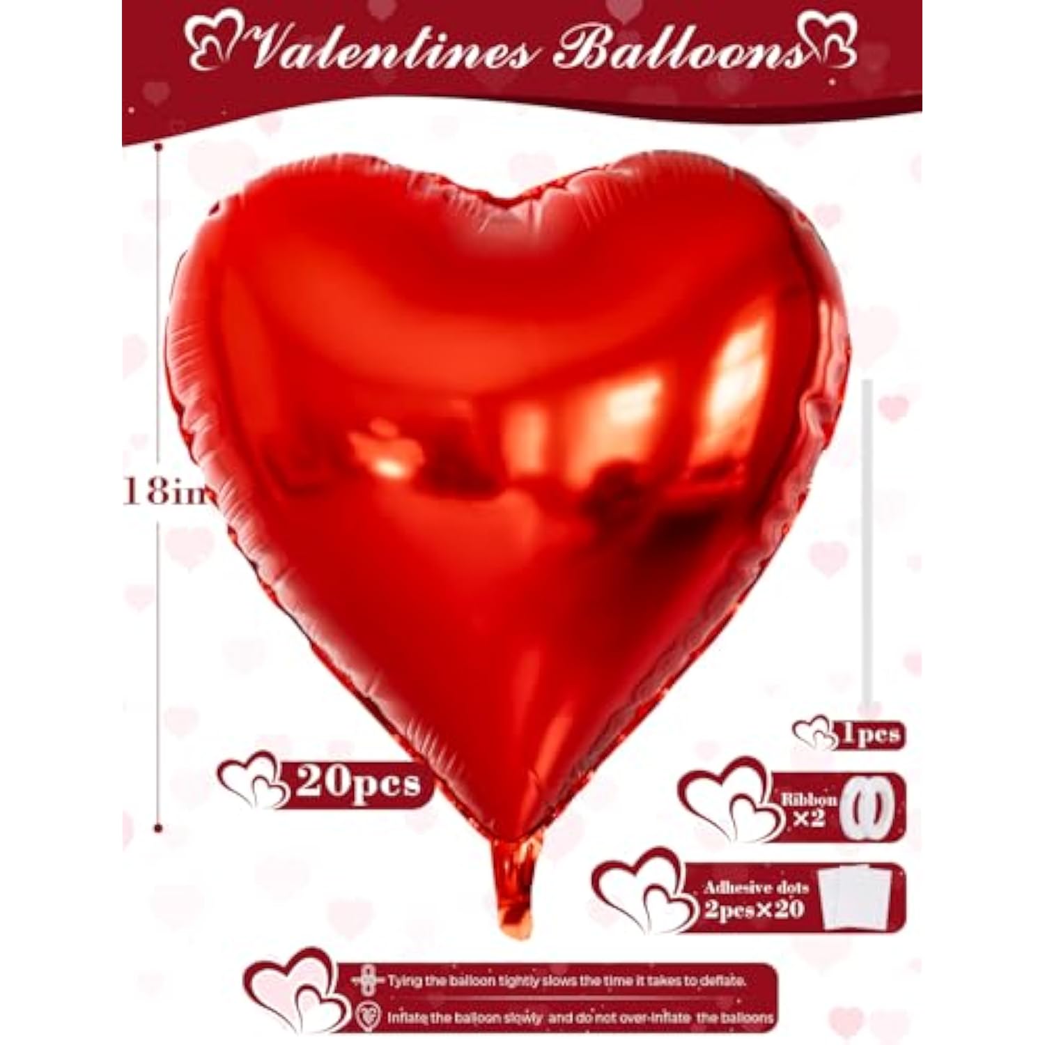 20 Pcs Red Heart Balloons, 18 Inch Red Heart Shaped Balloons, Romantic Valentine Balloon, Big Heart Foil Balloon For Valentine'S Day Wedding Anniversary Baby Shower Party