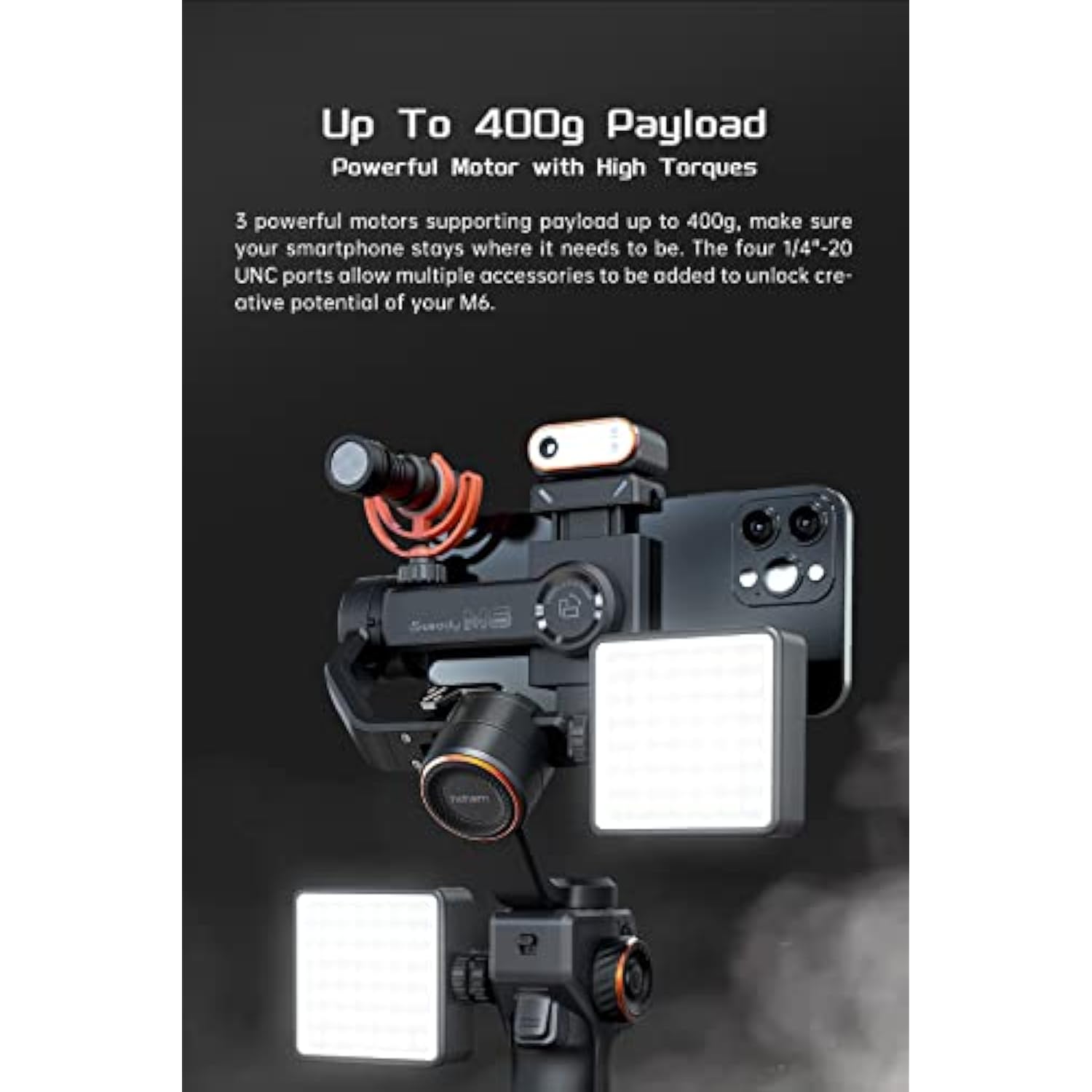 Hohem iSteady M6 Gimbal Stabilizer for Smartphone, 3-Axis Cell Phone Stabilizer Built-in OLED Display 400g Payload Reverse Charging Android and iPhone Gimbal with Inception Motion Timelapse