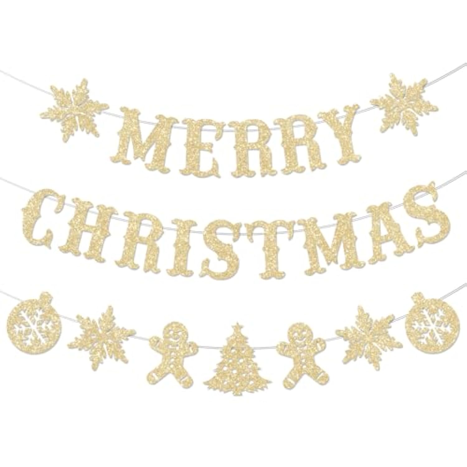 Pre-Strung Gold Glitter "Merry Christmas" Banner No-DIY Holiday Party Garland