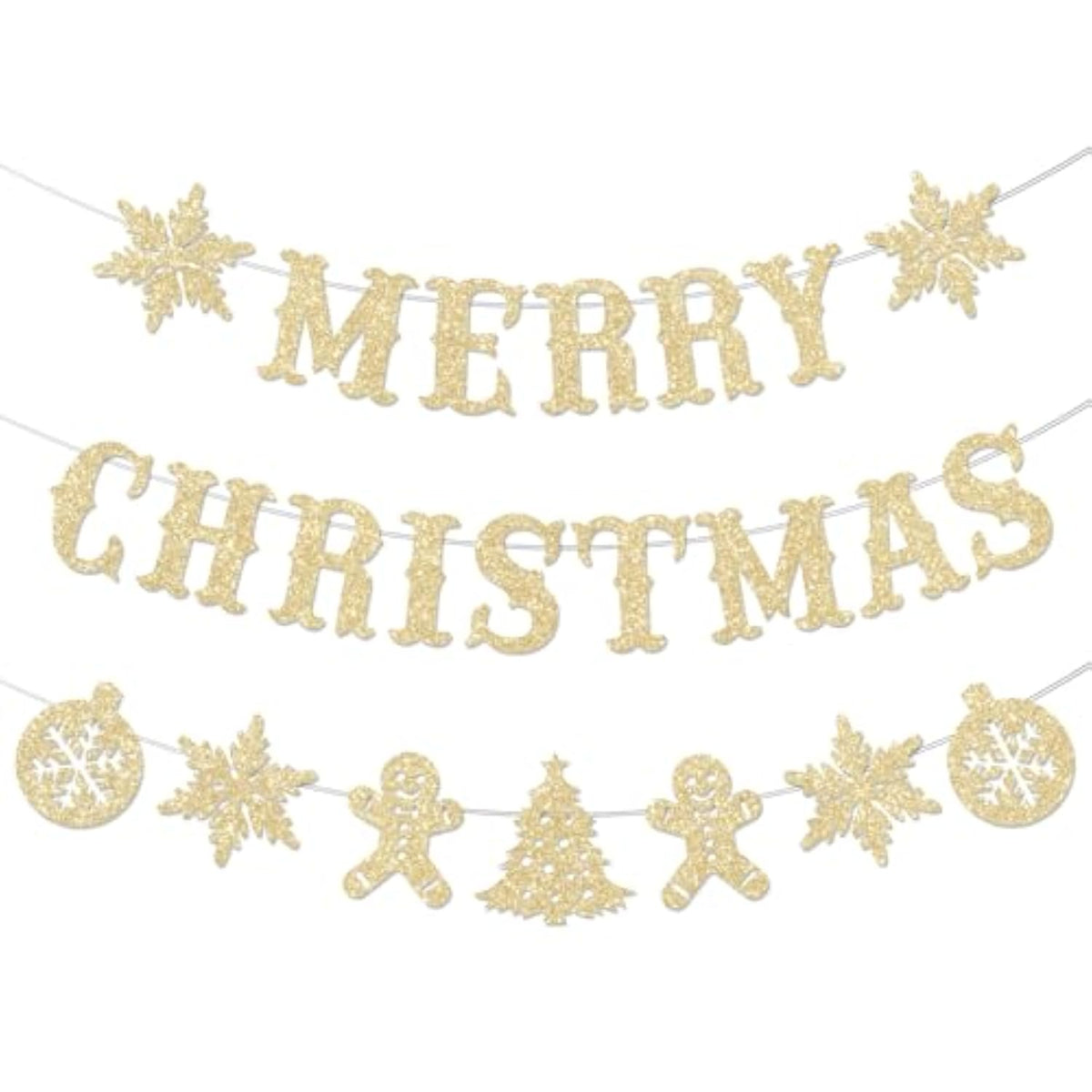 Pre-Strung Gold Glitter "Merry Christmas" Banner No-DIY Holiday Party Garland