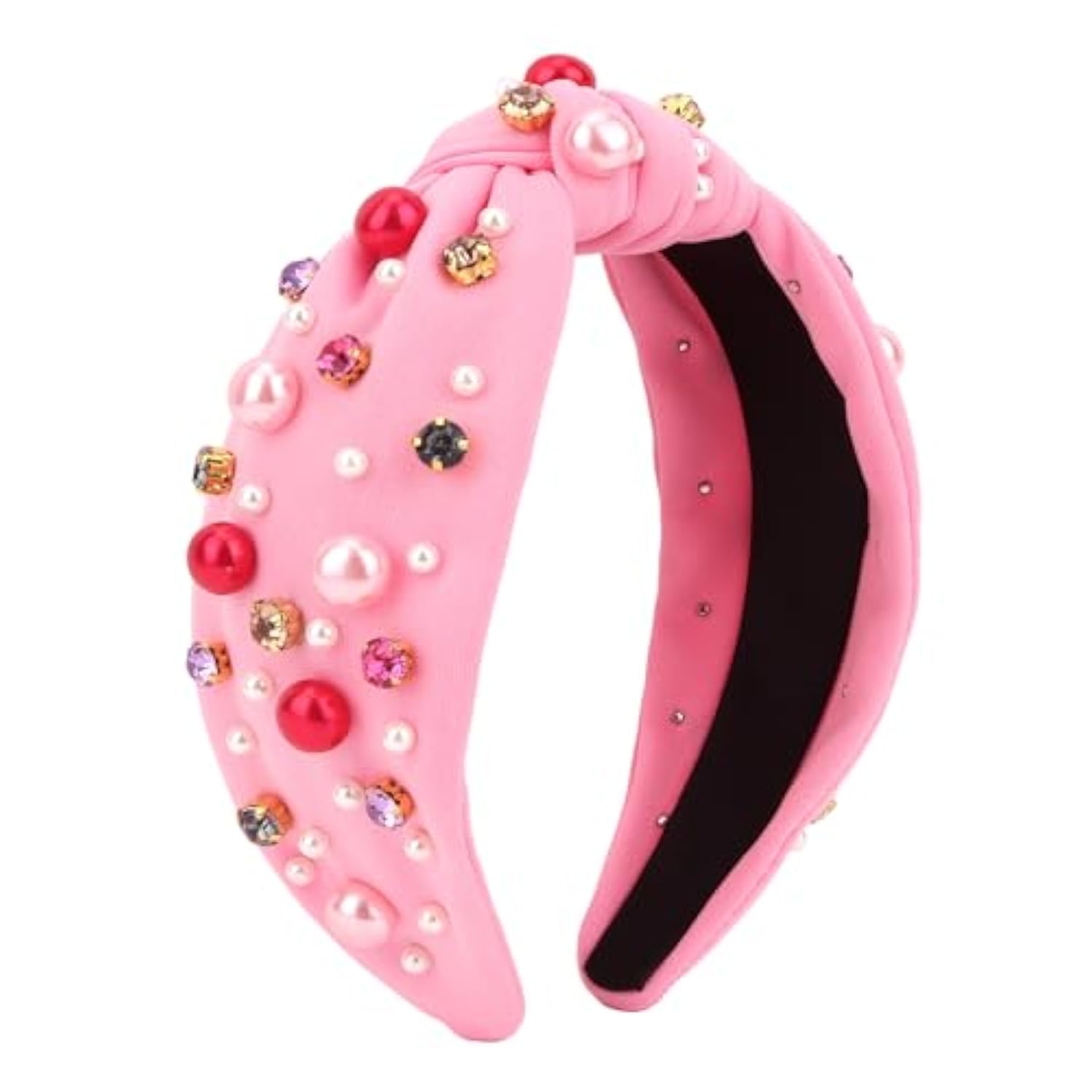 Valentine'S Day Headband For Women Girls Hot Pink Pearl Rhinestone Hairband Love Heart Knotted Headbands Crystal Jeweled Wide Top Knot Headpiece Valentines Hair Accessories Party Holiday Gifts