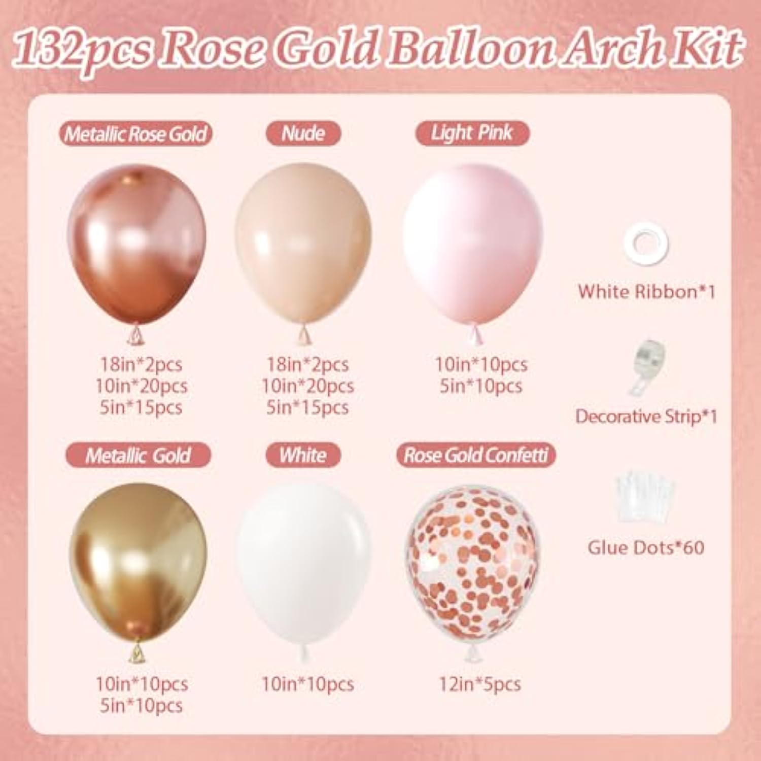 132Pcs Rose Gold Balloon Arch Kit with Confetti Balloons for Party & Event Decor