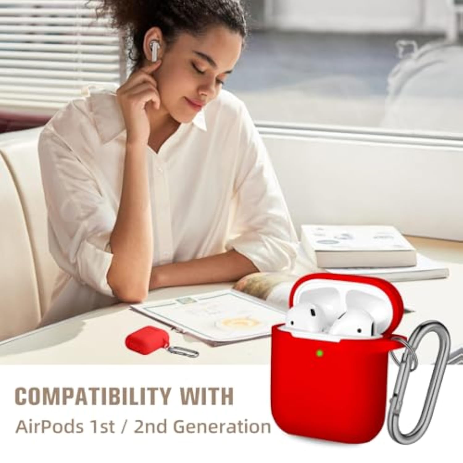 Soft Silicone Protective Skin for AirPods with Keychain Accessories, Compatible with AirPods Case Cover, Front LED Visible, Red