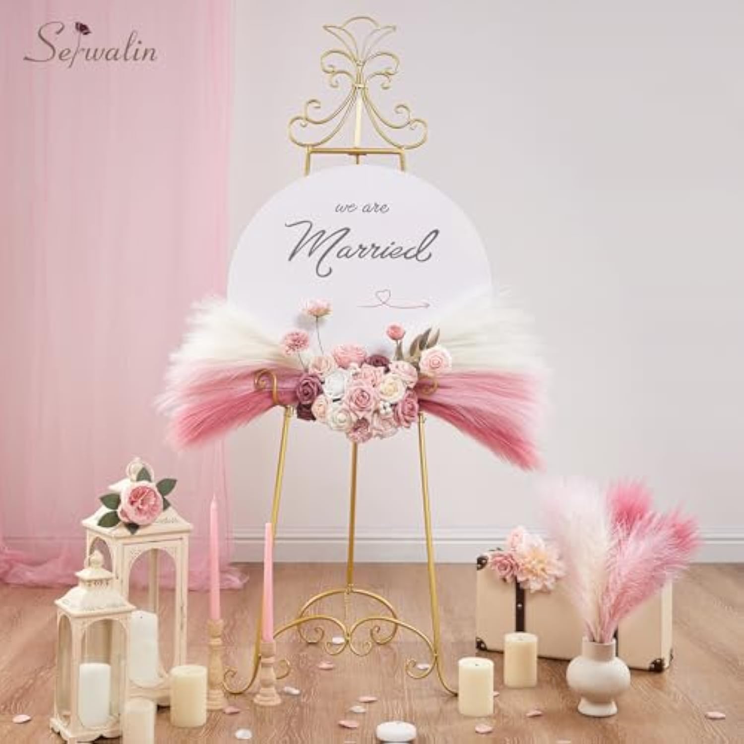 Pampas Grass Pink Decor 17.7 Inch 6Pcs, Faux Pampas Grass Home Decor, Artificial Pampas Grass Blush Fake Pampas, Short Vase Room Christmas Decoration