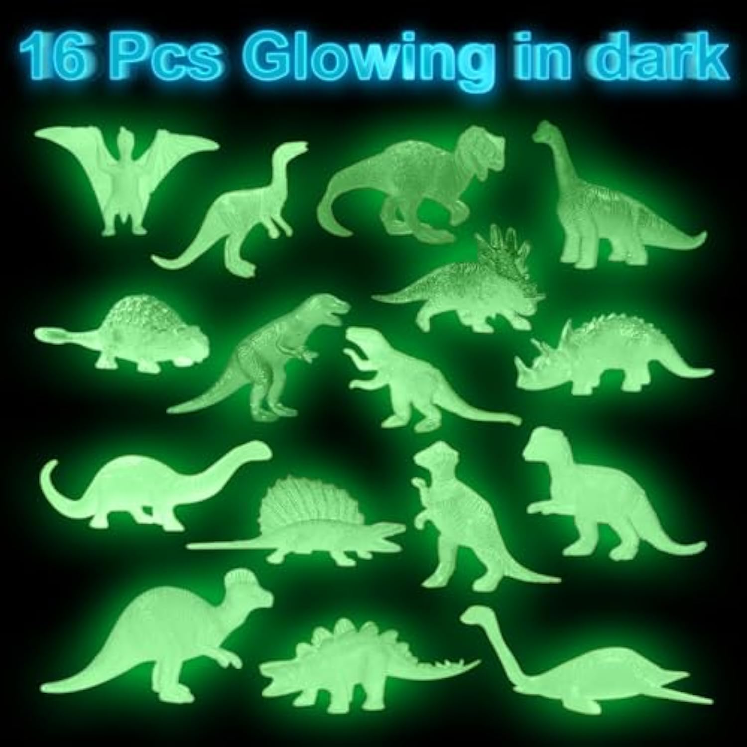 16Pcs Glow In Dark Mini Dinosaur Figures For Kids Birthday Party Favors Supplies Dino Cupcake Topper Decoration Goodie Treat Bag Stuffers Pinata Fillers Treasure Carnival Prizes Small Bulk Toy Trinket