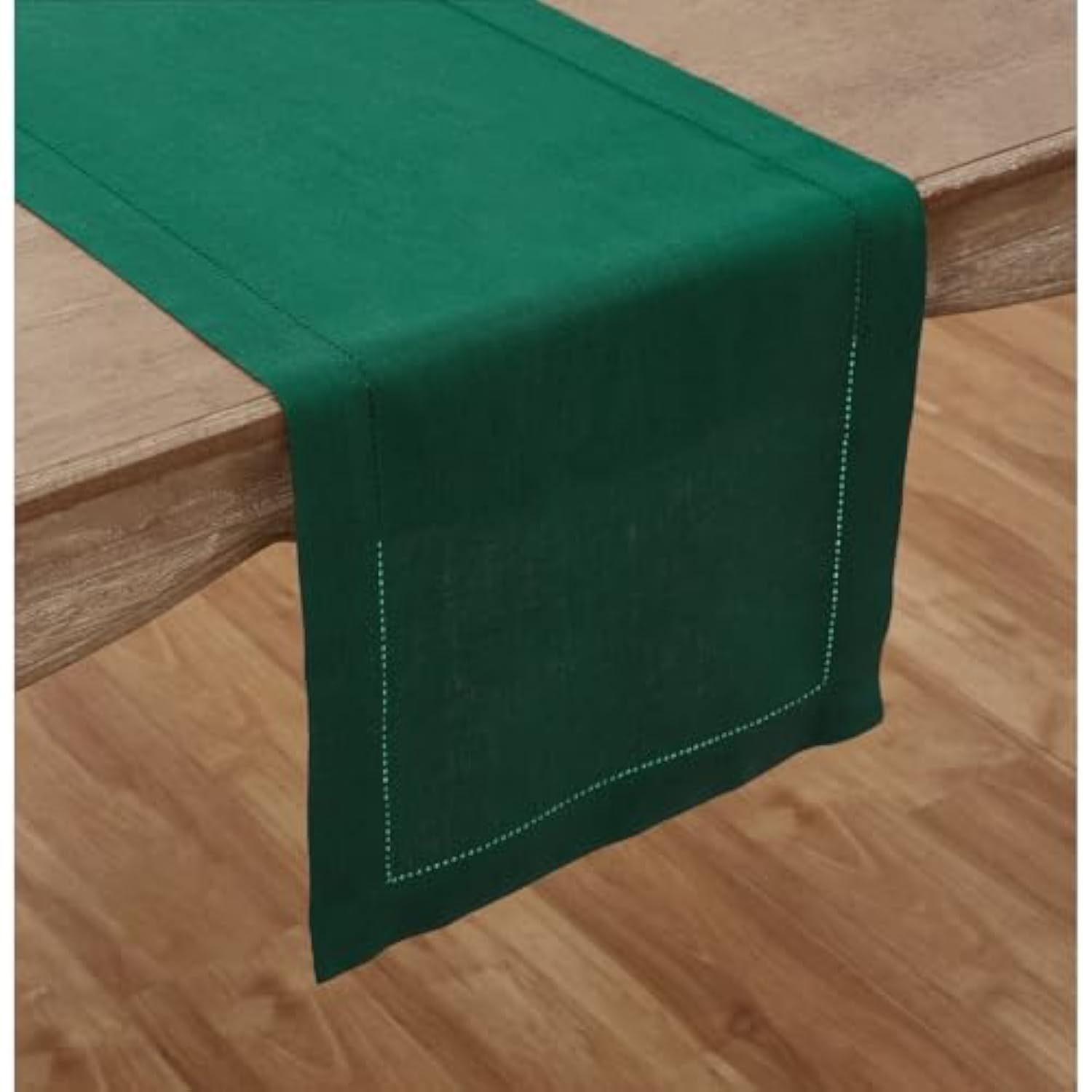 Linen Rainforest Green Hemstitch Table Runner 60 Inches - 100% Pure Linen Small Table Runner 14 X 60 Inch Ideal For Dresser And Coffee Tables - Classic Hemstitch - Christmas, Thanksgiving