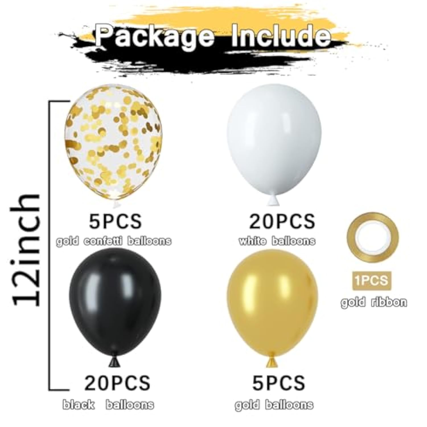 50pcs 12 Inch Black White Gold Latex Confetti Balloons with Ribbon for Party
