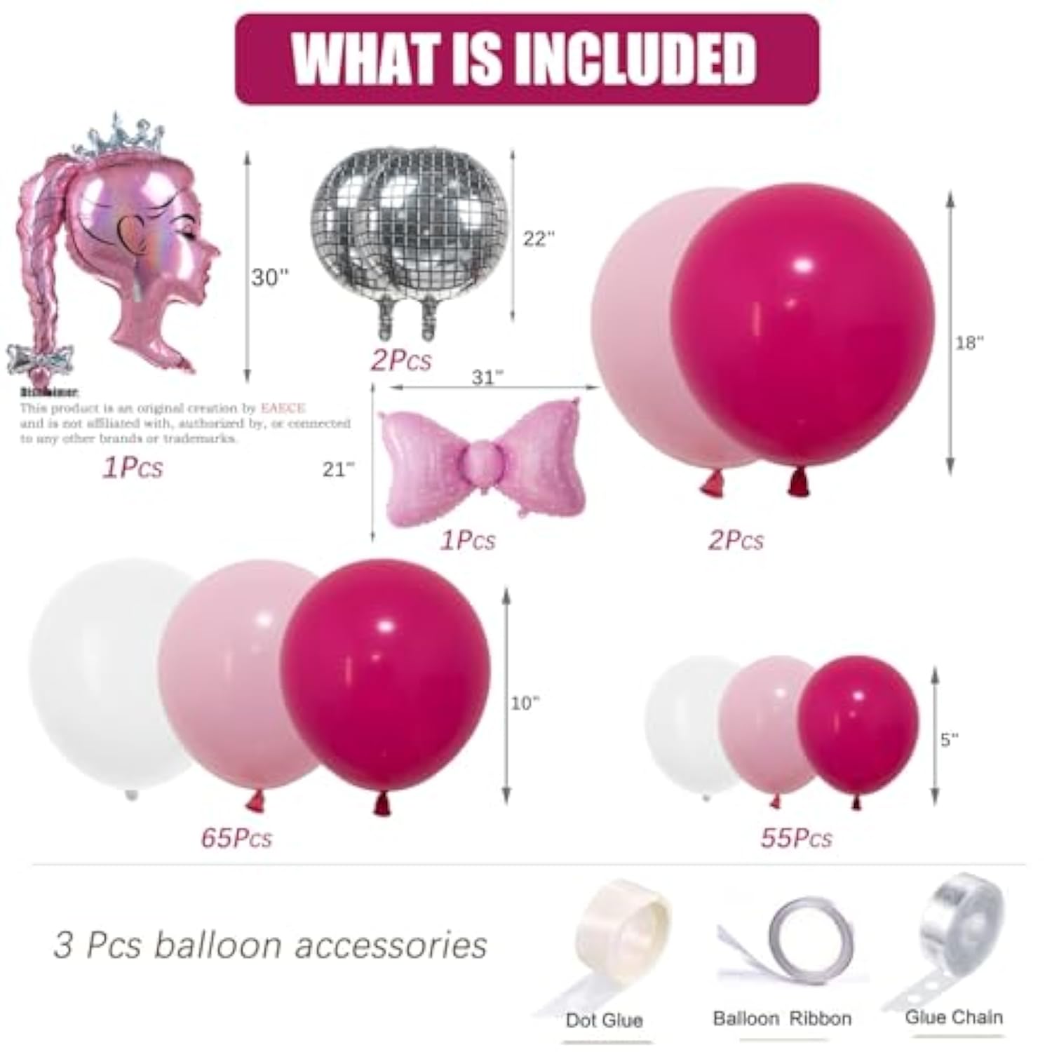 Hot Pink Princess Balloon Arch Kit With Rose Red, Light Pink, Matte White Balloons, Silver Disco Ball, Bows And Crown For Girl Summer Birthday, Coquette Party, Ballerina,Graduation, Baby Shower Decor