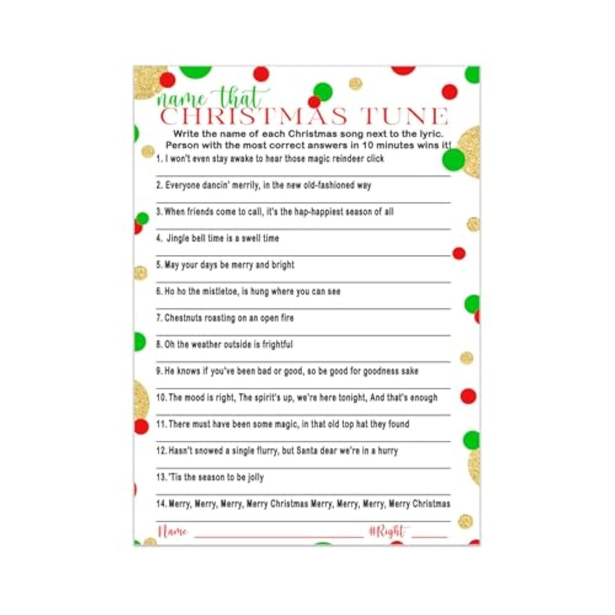 Christmas Song Game Trivia Fun Holiday Party Activity For Adults, Groups, Thanksgiving, Red And Green, 5X7 Cards, 25 Guests, Version 1