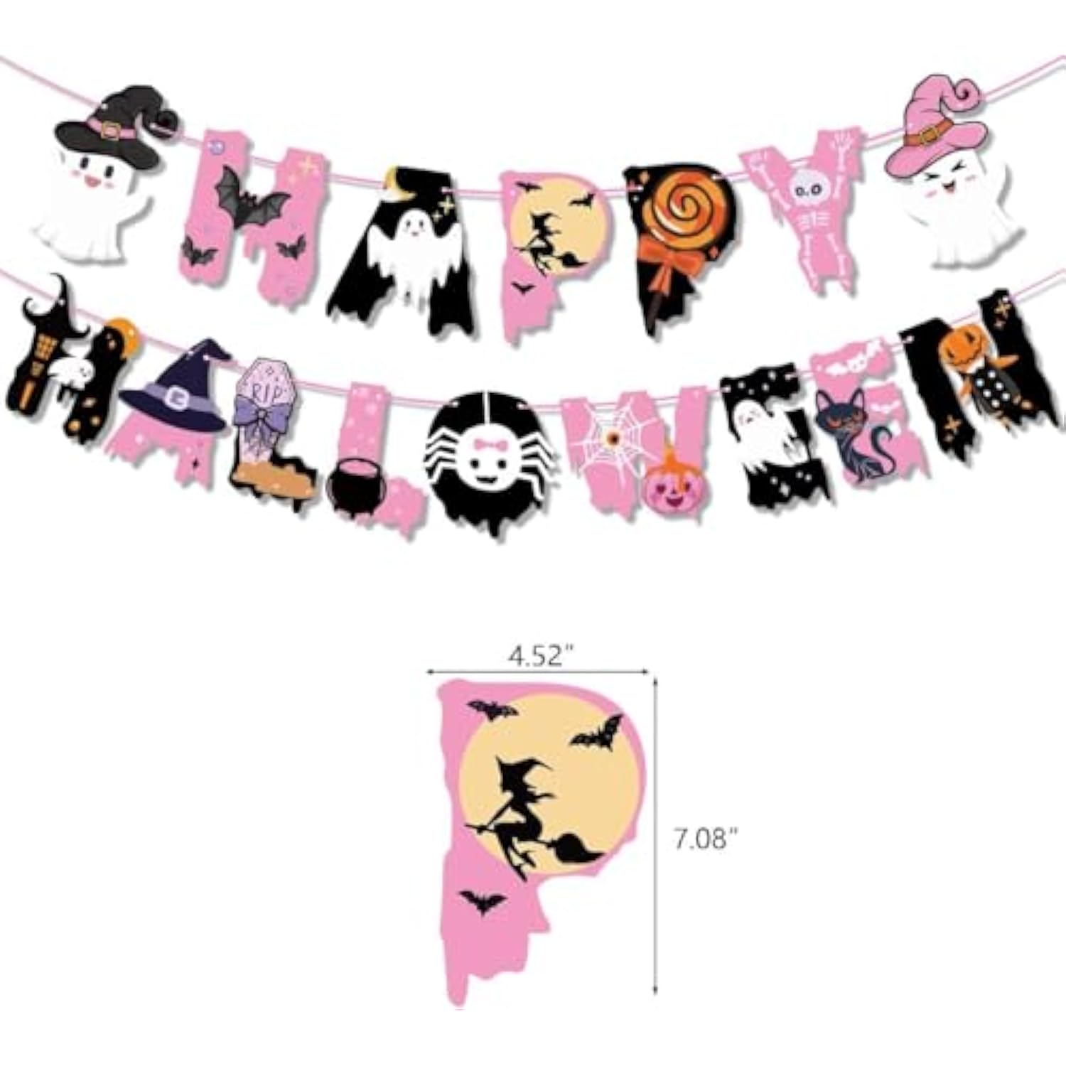 Pink Happy Halloween Banner Ghost Boo Pumpkin Bat Witch Spider Bunting Party Decorations