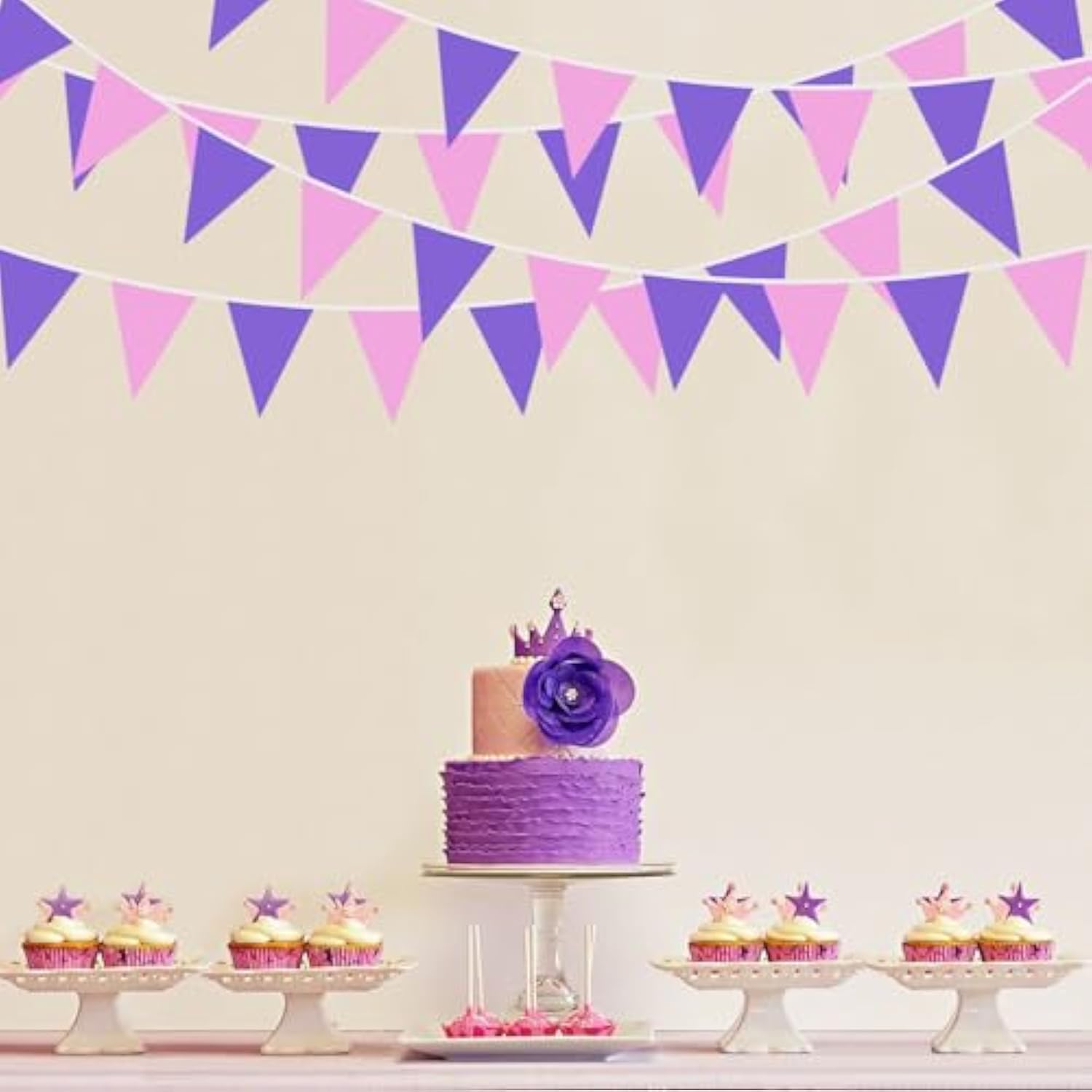 40Ft Purple Pink Fabric Bunting Banner Pennant Hanging Party Decorations Cotton Triangle Flag Garland For Girls Women Mother'S Day Princess Birthday Wedding Baby Shower Butterfly Tea Party Decor
