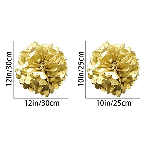 Gold Paper Pom Poms - Party Tissue Paper Flowers Balls - Party Hanging Decoration Supplies - Size of 10inch, 12inch, Great for Wedding, Birthday, Any Parties and Events (12 PCS)