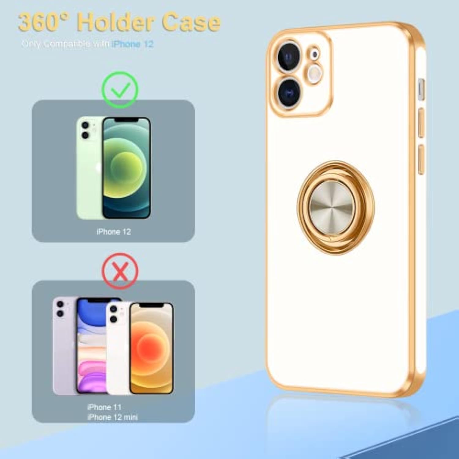 For 12 Case With 360° Rotatable Ring Holder Magnetic Kickstand, Shiny Plating Gold Edge, Slim Soft Tpu Shockproof Protective Cover For Women, Men, White