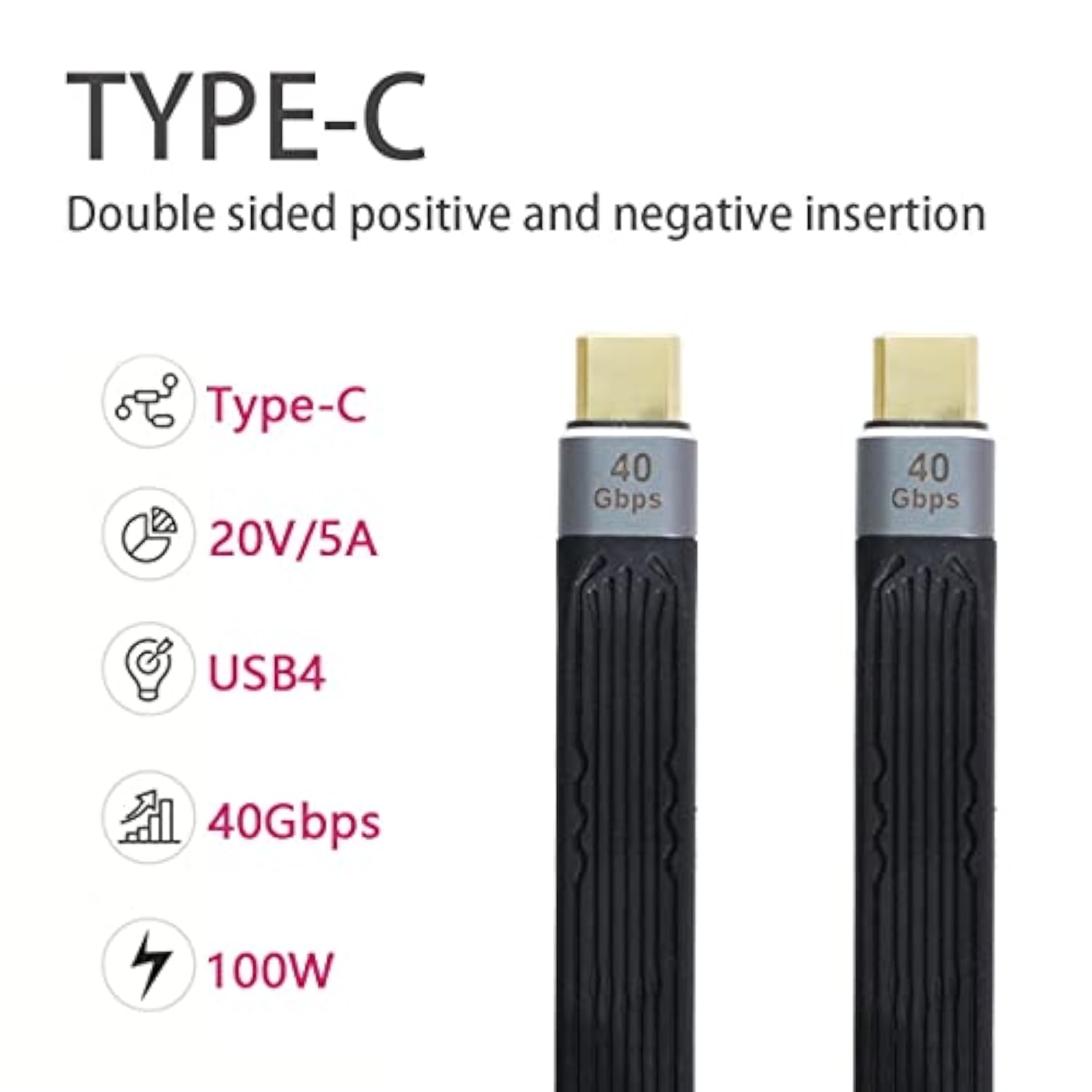 Cablecc Type-C USB-C Male to Male USB4 40Gbps 100W 8K Flat Slim FPC Data Cable