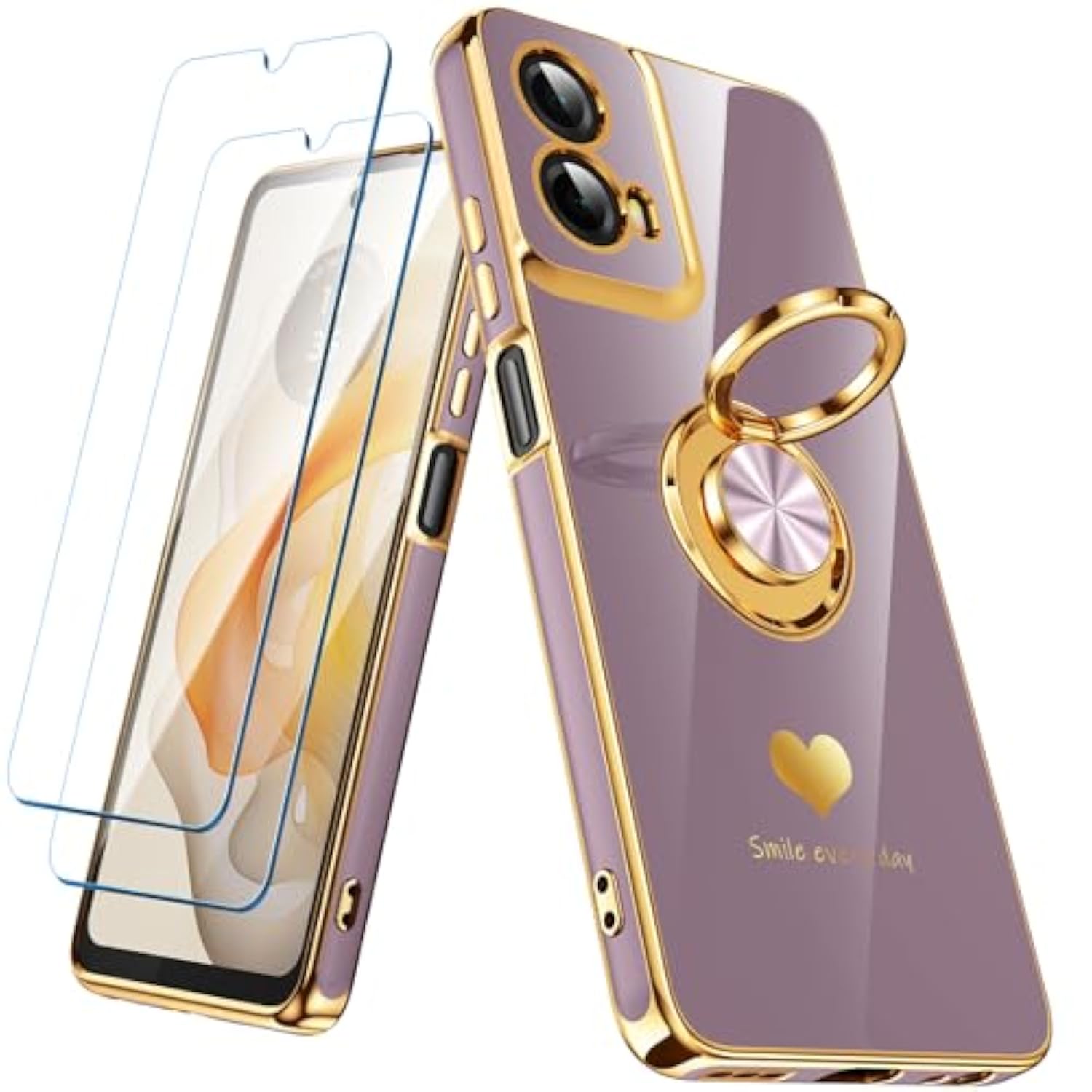 For Moto G Play 2024 Case With 2 Pack Screen Protector, 360° Rotatable Ring Holder [Luxury Hearts Pattern] Plating Gold Edge Slim Soft Phone Case For Moto G Play 4G 2024 - Light Purple