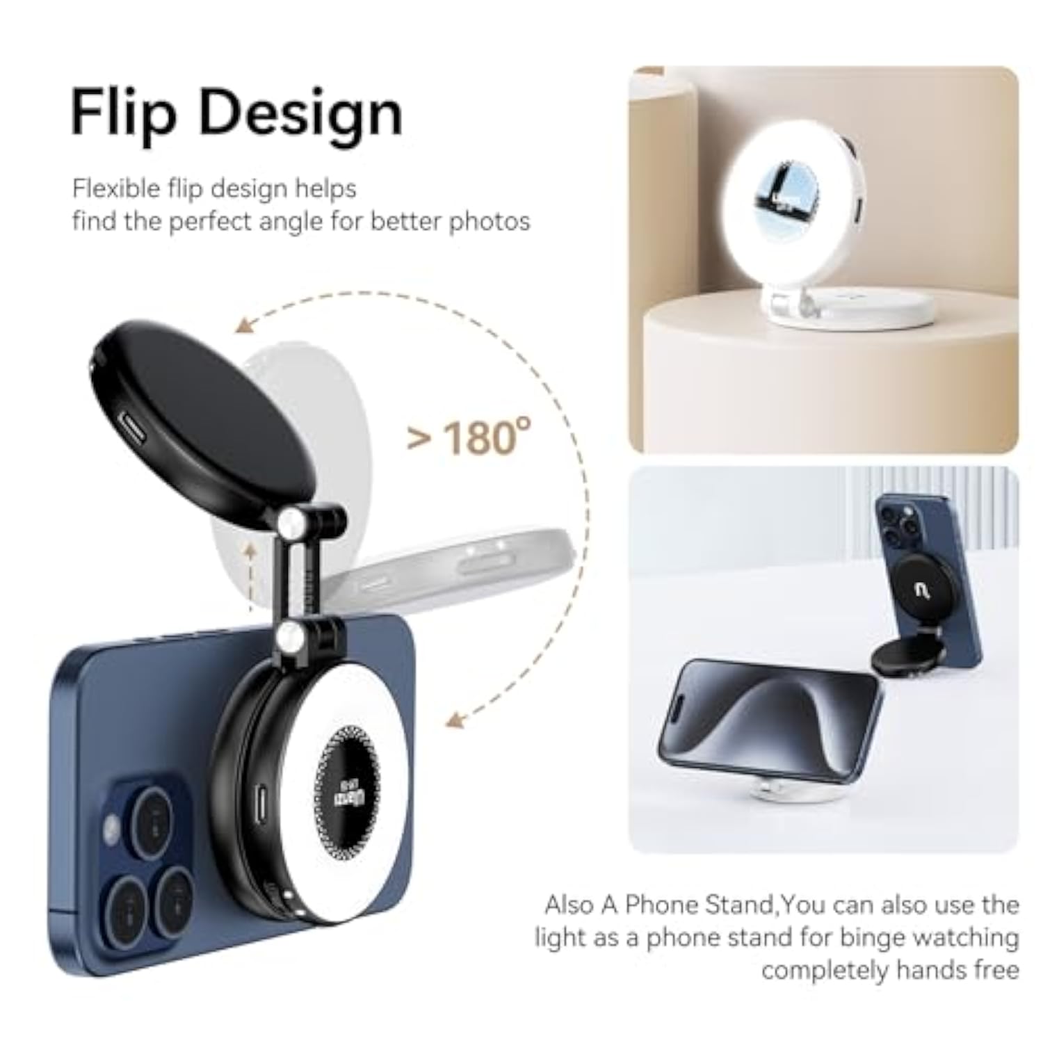 Magsafe LED Fill Light for iPhone Adjustable Selfie Ring Light Black