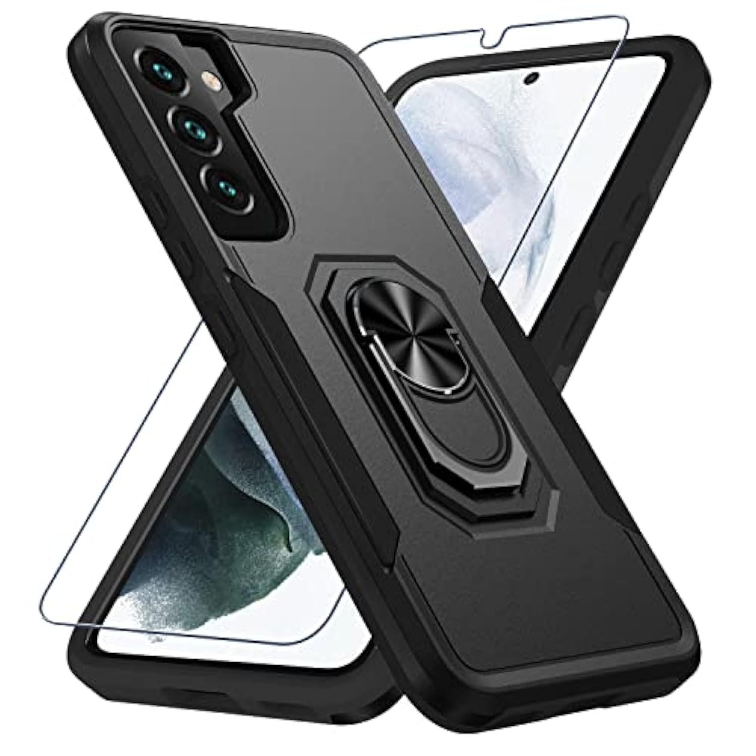Compatible With Samsung Galaxy S22 Case With Screen Protector[Not For S22+],Heavy Duty Shockproof Full Body Phone Cover,Built In Finger Ring Stable Kickstand,2022 Black Matte