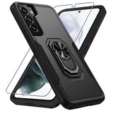 Compatible With Samsung Galaxy S22 Case With Screen Protector[Not For S22+],Heavy Duty Shockproof Full Body Phone Cover,Built In Finger Ring Stable Kickstand,2022 Black Matte