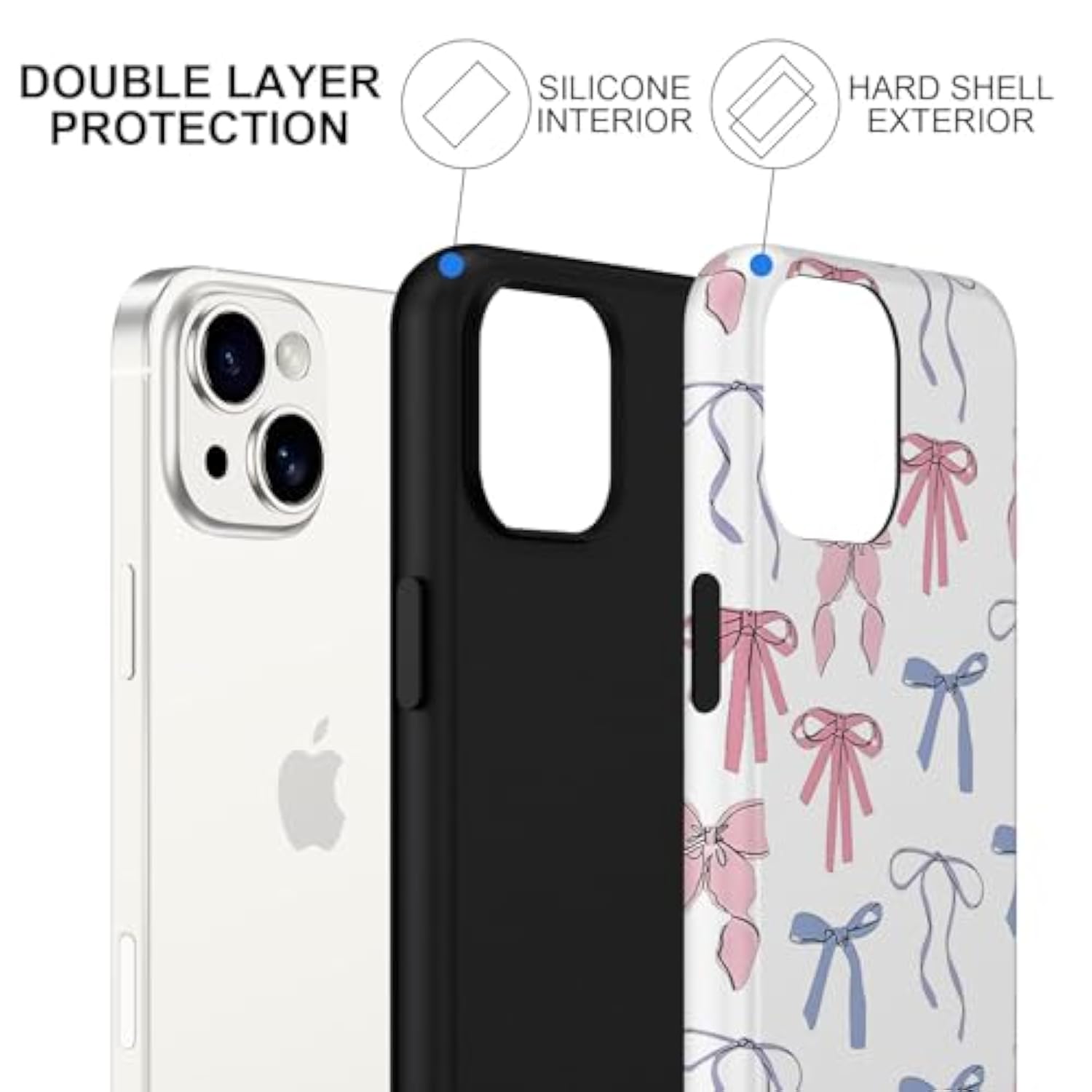 Cute Bow Phone Case For Iphone 13 / Iphone 14 Case 6.1", Aesthetic Coquette Ribbon Bowknot Pattern Print Design 2-In-1 Matte Phone Cover Shockproof Soft Tpu Hard Pc Protection Girls Women Funda