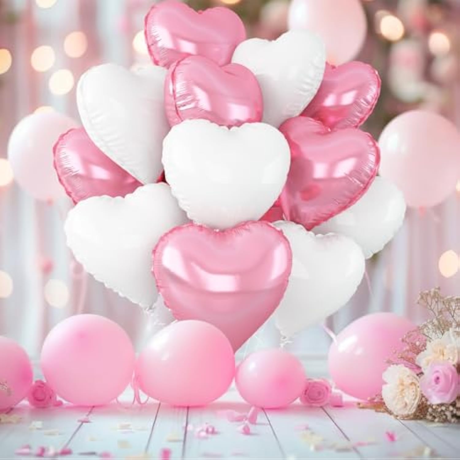 Pink White Heart Balloons,12Pcs Light Pink Heart Shaped Foil Balloons,18Inch White Helium Polyester Film Balloon For Baby Shower Birthday Anniversary Wedding Party Decorations