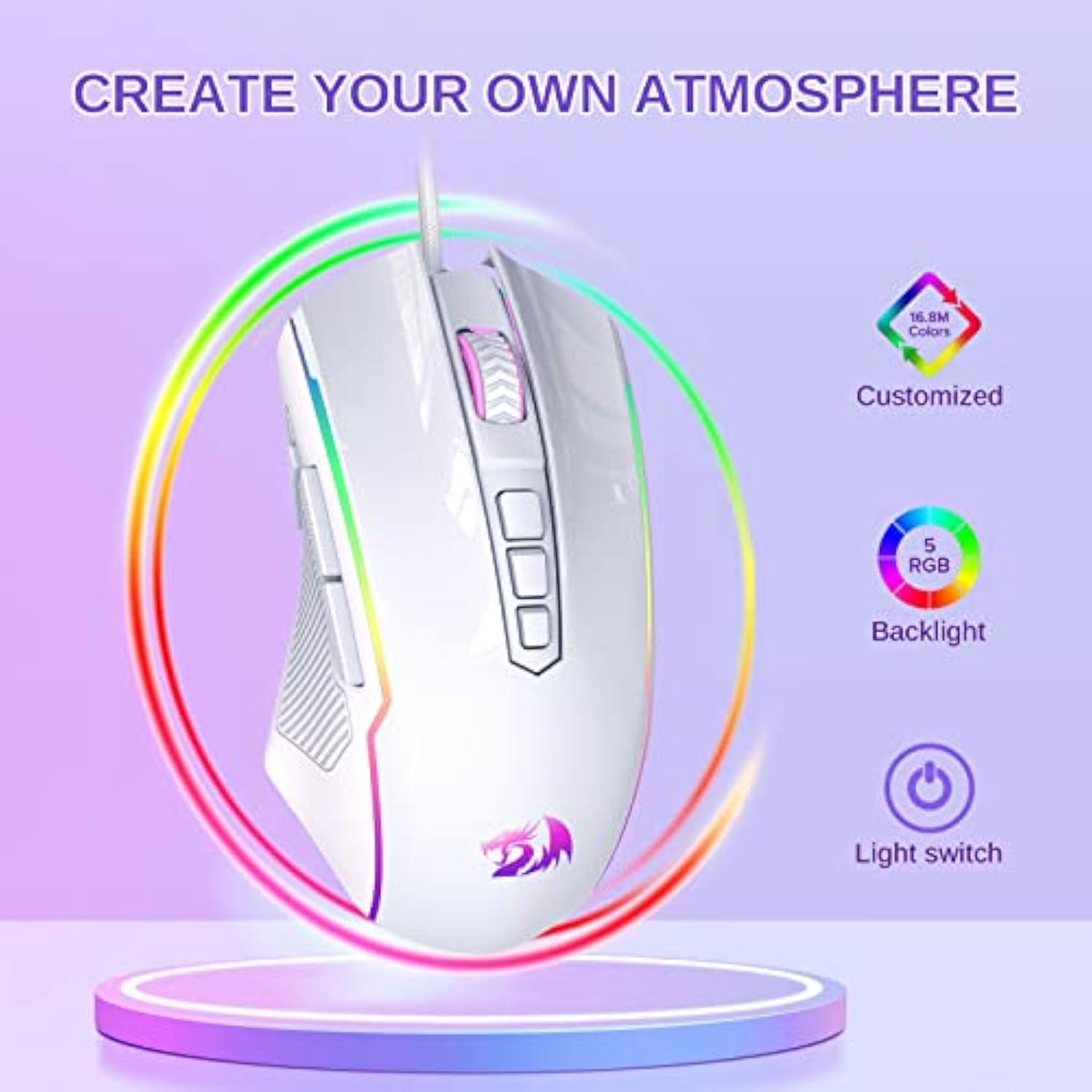 Redragon Gaming Mouse, Wired White Mouse with RGB Backlit, 8000 DPI Adjustable, PC Gaming Mice with 9 Programmable Macro Buttons & Fire Button, PC Gaming Mouse for Windows/Mac, White