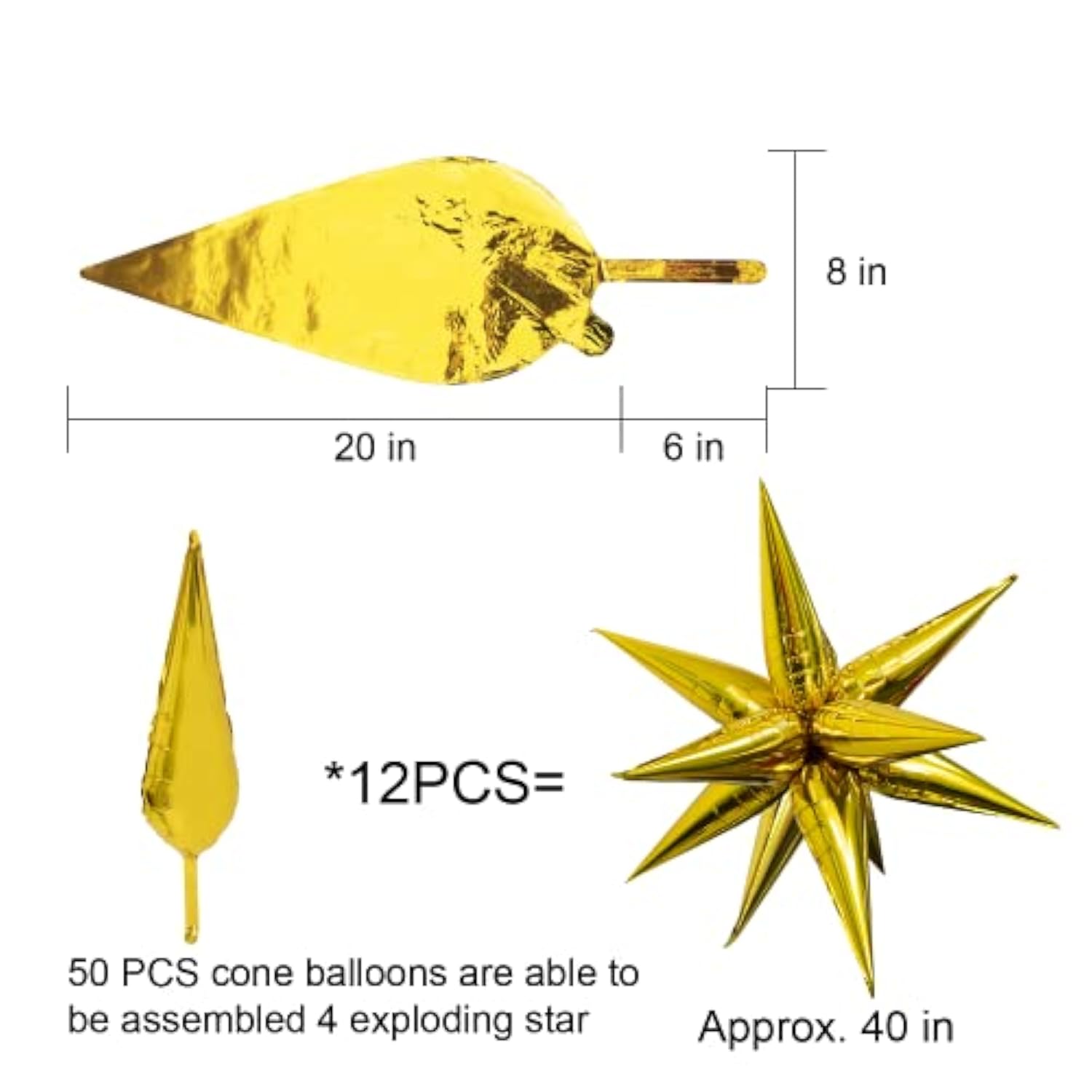 50Pcs 40" Gold Star Balloons, Metallic Explosion Star Foil for Party Decor