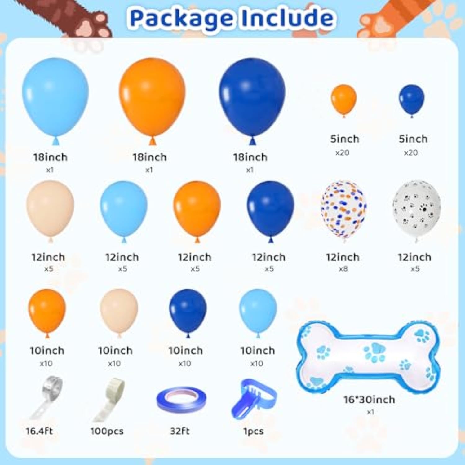121pcs Blue Birthday Balloon Garland Kit with Dog Paw & Bone Balloons for Parties