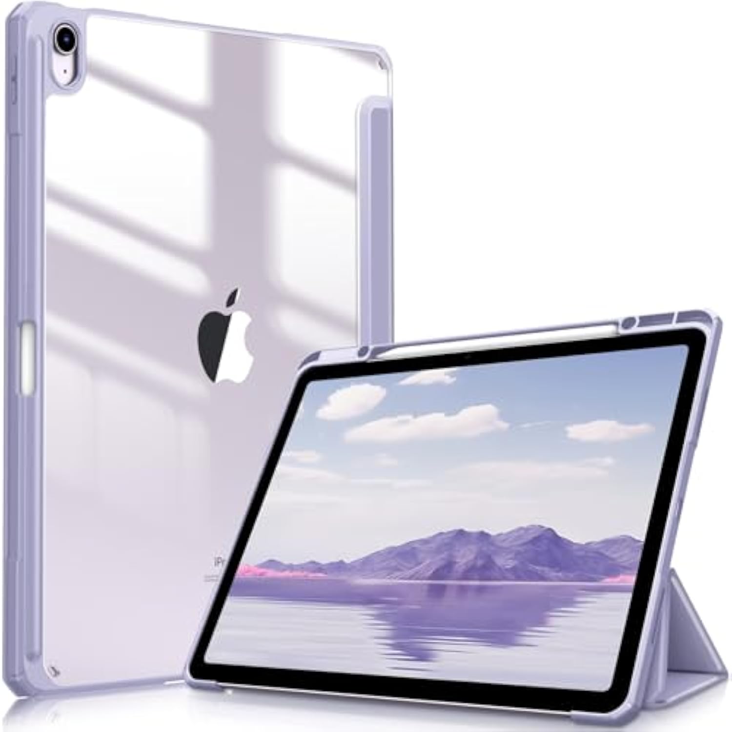Fintie Hybrid Slim Case For Air 13-Inch (M3) 2025, (M2) 2024 - [Built-In Pencil Holder] Shockproof Cover With Clear Transparent Back Shell, Lilac Purple