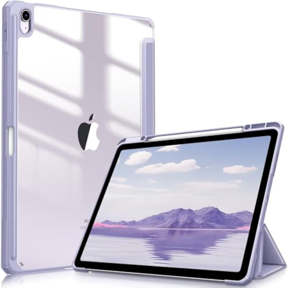 Fintie Hybrid Slim Case For Air 13-Inch (M3) 2025, (M2) 2024 - [Built-In Pencil Holder] Shockproof Cover With Clear Transparent Back Shell, Lilac Purple