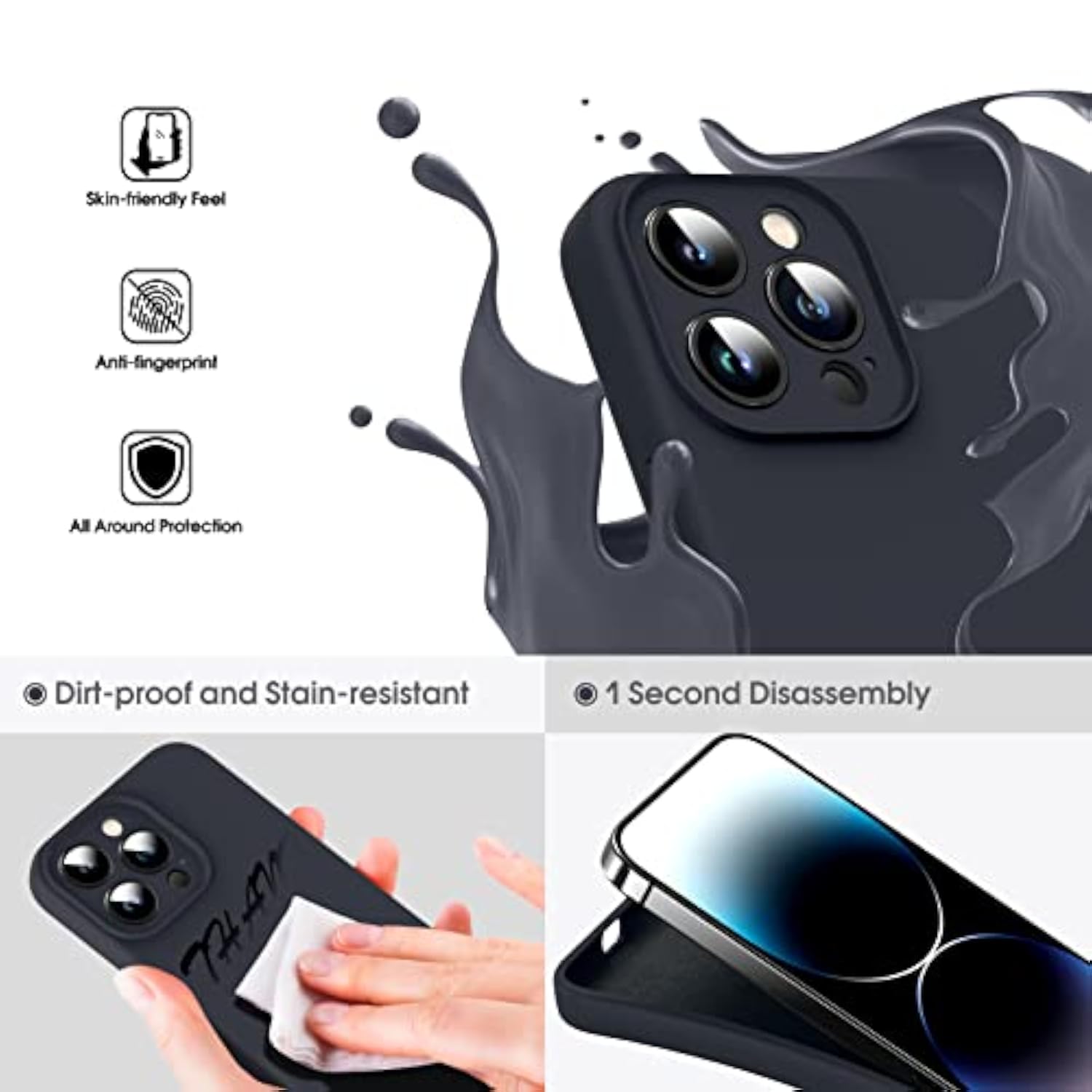 Liquid Silicone Case for iPhone 14 Pro, True Liquid Silicone, Anti Fingerprint, 4 Layer Phone Case Protective Cover, Full Coverage Around Camera & Built-in Microfiber, 6.1", Black