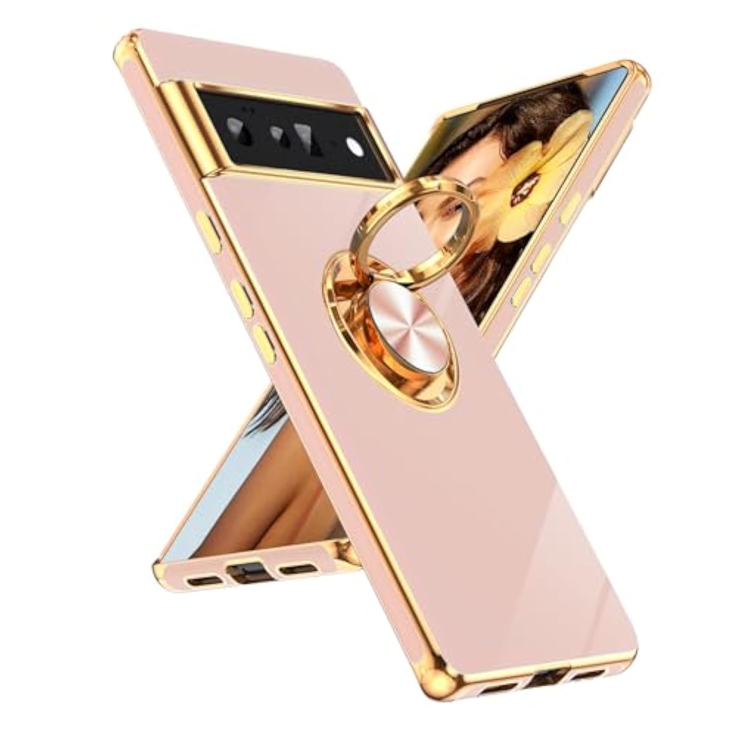 For Google Pixel 6 Pro Case: 360° Rotatable Ring Holder Magnetic Kickstand, Plating Rose Gold Edge For Google Pixel 6 Pro Case, Pink