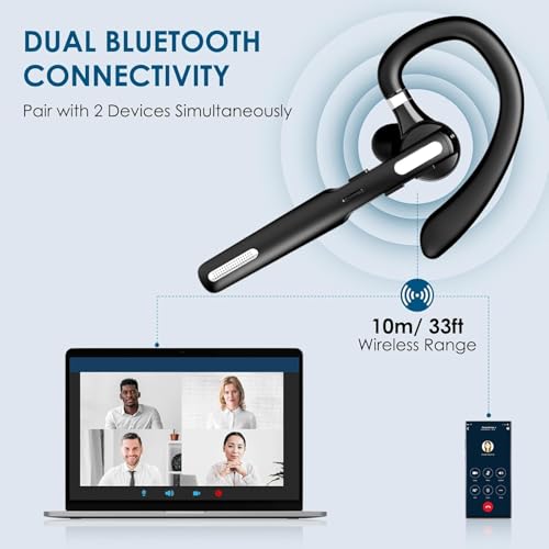Bluetooth Headset, Wireless Bluetooth Earpiece V5.3 Hands-Free Earphones with Built-in Mic for Cell Phone/PC Tablet/Laptop Computer, Headphones for