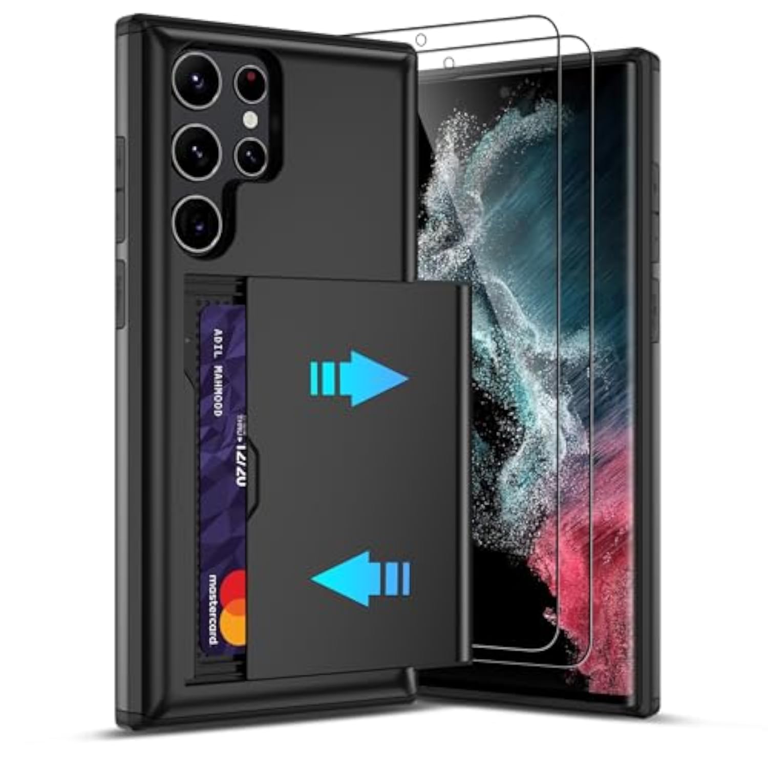 Samsung Galaxy S22 Ultra Heavy Duty Dual Layer Shockproof Case with Card Holder and 2 HD Screen Protectors, Slim Wallet Case for S22 Ultra - Black