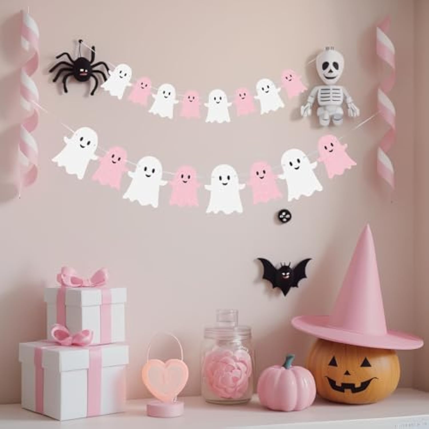 2PCS Halloween Ghost Banner Glitter White Pink Garland Party Birthday Decor