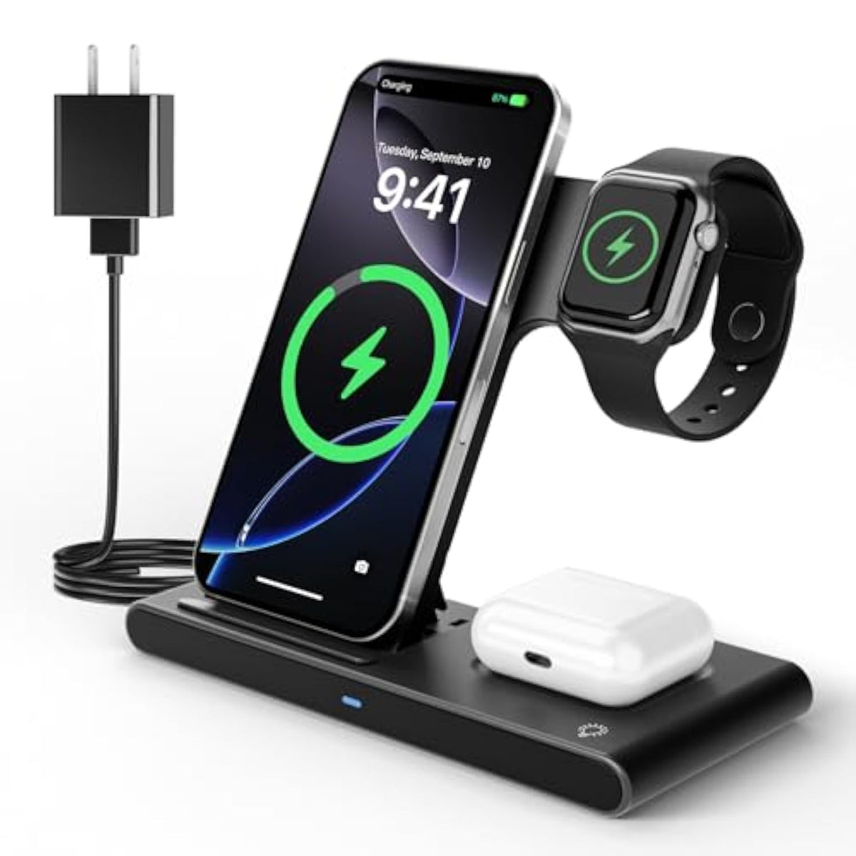 Portable Wireless Fast Charger 3In1 For Iphone 16E 16 15 14 13 12 11 Pro Max For Apple Watch 10-2 Ultra Se Charging Station For Airpods Pro 4 3 2 - Office Home Travel Nightstand Gifts For Family,Black