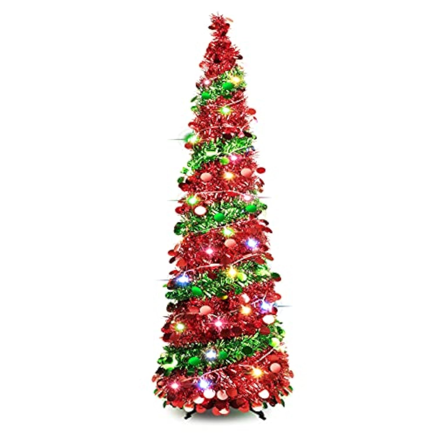 5 Ft Collapsible Sequin Pop Up Christmas Tree With 90 Led Lights, Skinny Pencil Tinsel Xmas Tree With Stand For Apartments