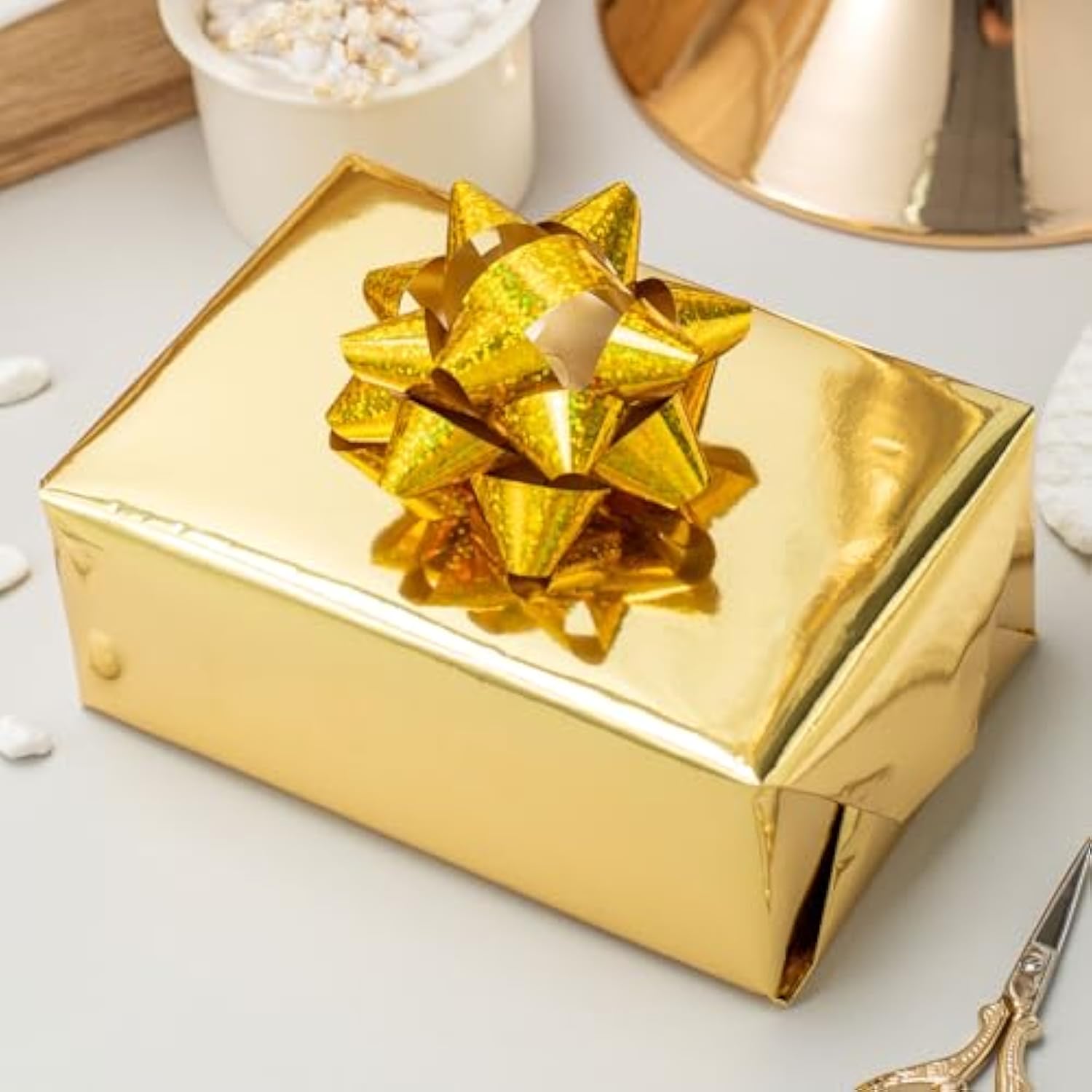 Gold Wrapping Paper Roll - 17 In X 32.8 Ft(46.5 Sq.Ft.) Metallic Gold Solid Color Gift Wrap With Grid Cutting Lines For Christmas, Wedding, Birthday, Valentines Day, Mothers Day, Baby Shower