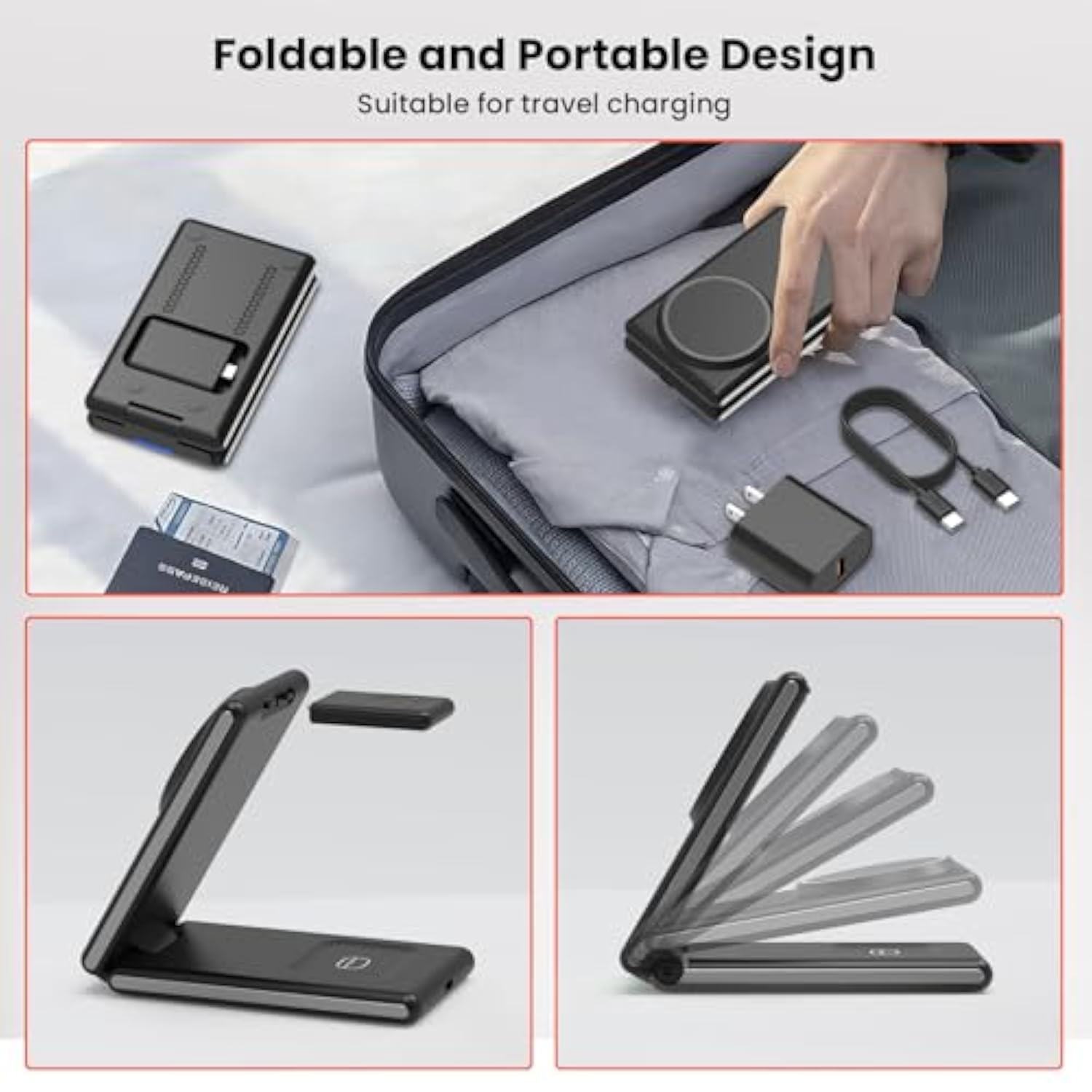 3 In 1 Magnetic Wireless Charging Station For Fitbit Watch, Foldable Wireless Charger Stand For Iphone 16/15/14/13/12 Pro Max, Fitbit Watch Versa 4/Versa 3/Sense 2/Sense, Airpods 3/2/Pro