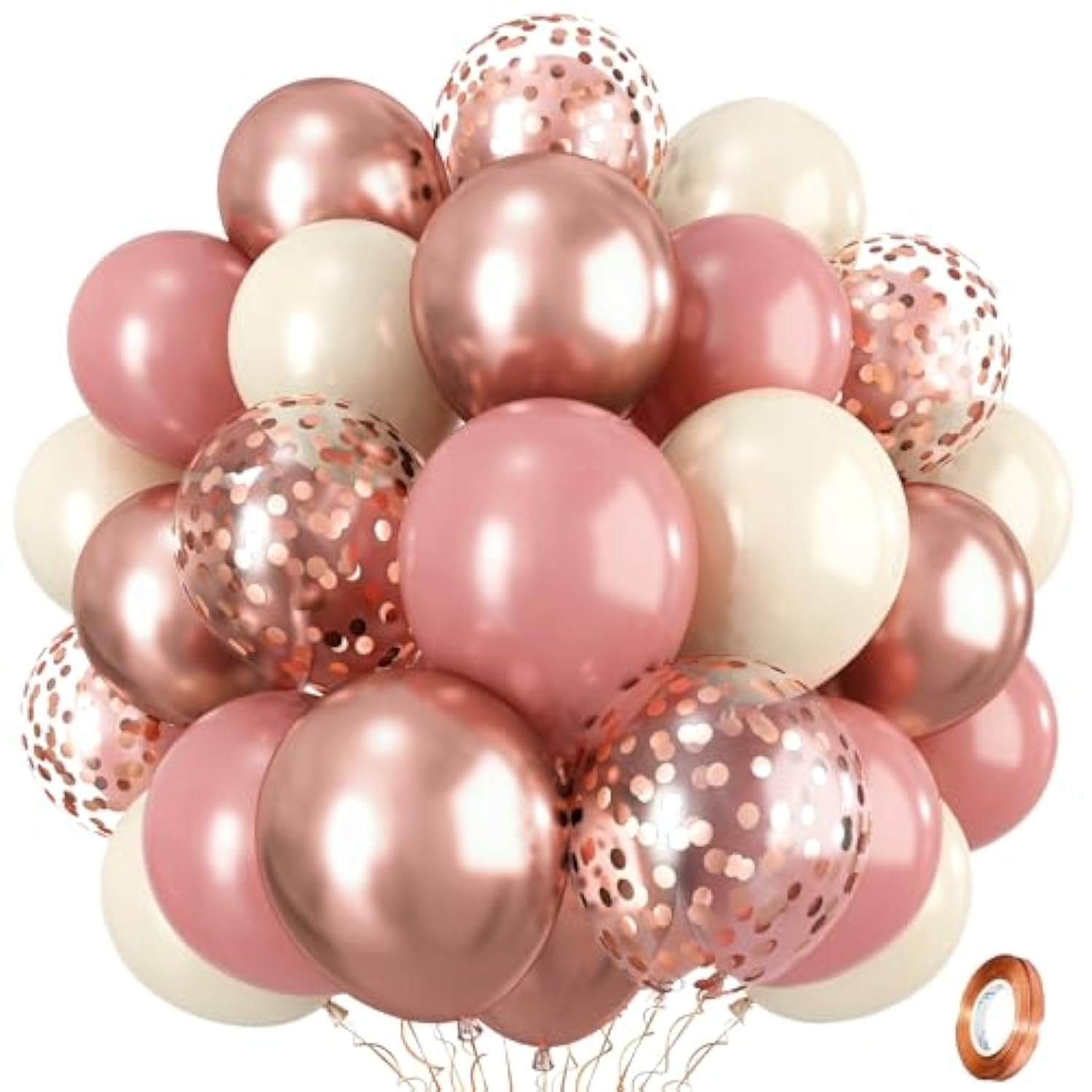 Dusty Pink And Rose Gold Balloons, 12In Retro Blush Pink Beige White Balloons With Metallic Rose Gold Confetti Latex Balloons Set For Girls Women Birthday Baby Bridal Shower Wedding Party Decorations