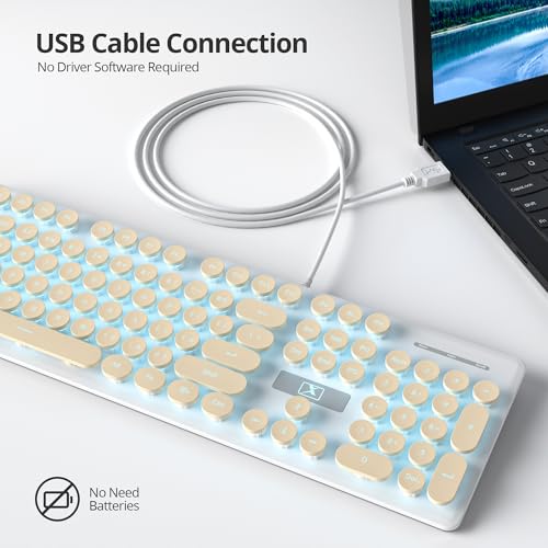 Typewriter Keyboard 104-Key Punk Gaming Retro Keyboard Led Ice Blue Backlit Cute Keyboard With Wired Usb Suitable For Pc/Win/Mac/Laptop Computer Keyboard (Khaki)