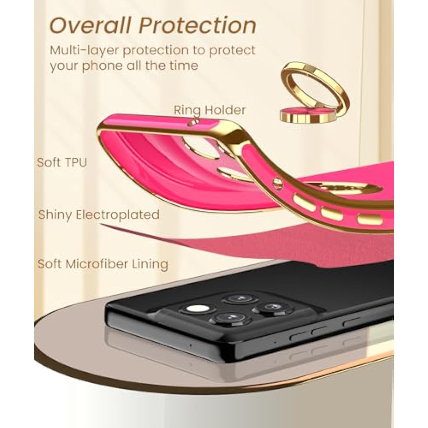 For Moto G Stylus 5G 2025 Case, 2X Screen Protector, 360° Rotatable Ring Holder Magnetic Kickstand,Plated Gold Edge Slim Soft Tpu Protective Cover For Motorola G Stylus 5G 2025 (Hot Pink)
