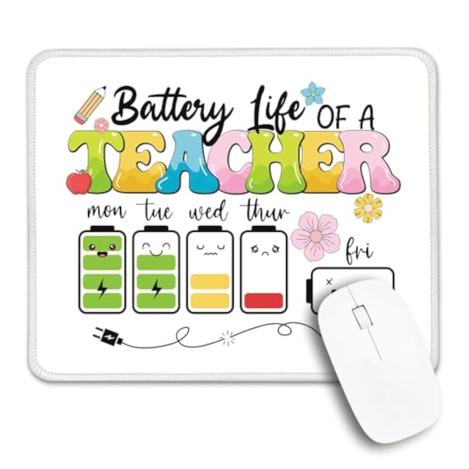 Battery Life Of A Teacher Non-Slip Mouse Pad With Stitched Edge, Funny Teaching Gifts, Teachers Day Gifts For Women Friends, Appreciation Gifts For Teacher Assistant, Back To School Gifts